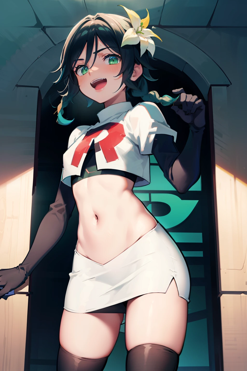absurdres,venti,1boy, male focus, trap,black hair, green-blue hair, hair braid,hair flower,aqua green eyes,crossdressing,1boy,team rocket,team rocket uniform,white skirt,red letter R,crop top,black thigh-highs,black elbow gloves, laughing,happy, blush