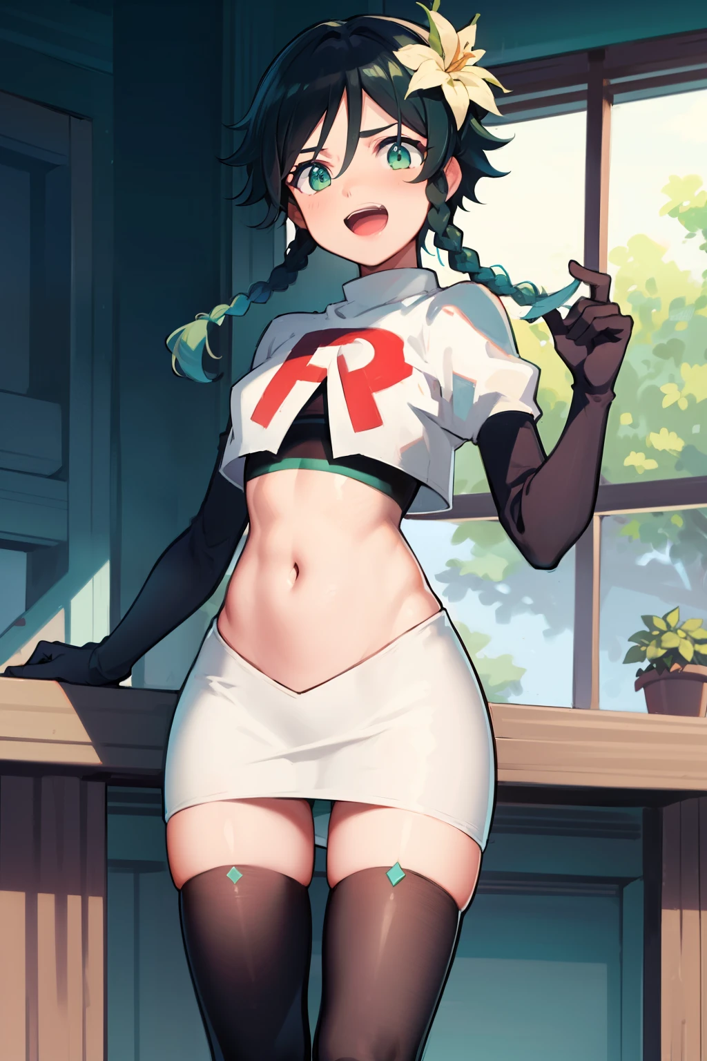 absurdres,venti,1boy, male focus, trap,black hair, green-blue hair, hair braid,hair flower,aqua green eyes,crossdressing,1boy,team rocket,team rocket uniform,white skirt,red letter R,crop top,black thigh-highs,black elbow gloves, laughing,happy, blush