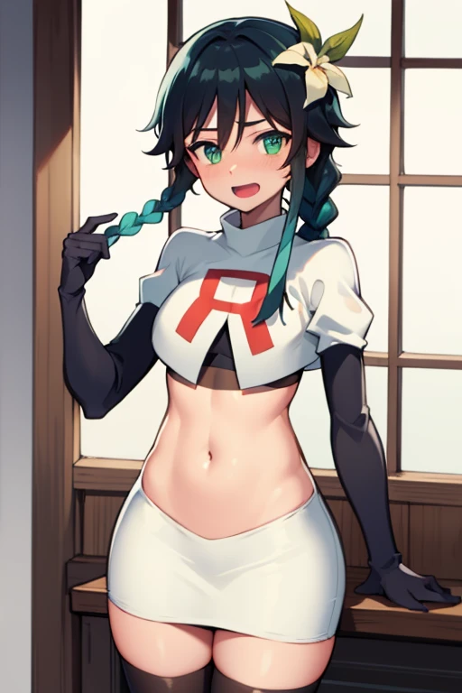 absurdres,venti,1boy, male focus, trap,black hair, green-blue hair, hair braid,hair flower,aqua green eyes,crossdressing,1boy,team rocket,team rocket uniform,white skirt,red letter R,crop top,black thigh-highs,black elbow gloves, laughing,happy, blush
