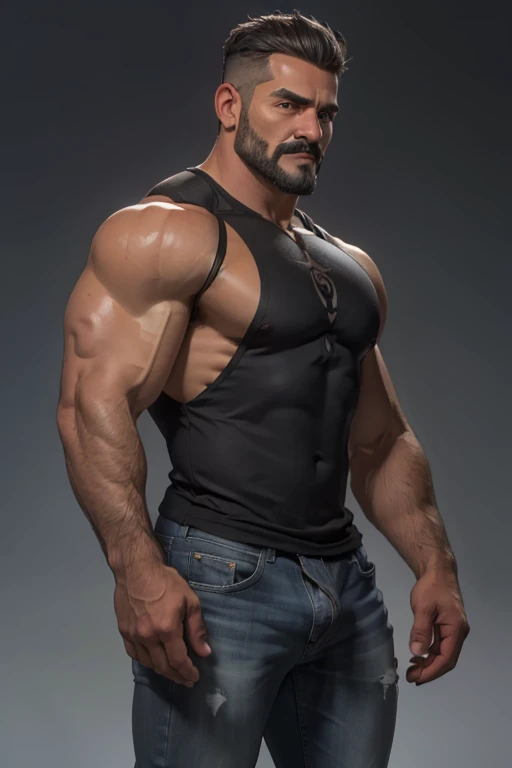 Obra maestra, mejor calidad, ultra detallado, 1 hombre, macho maduro, muscular, pedazo, bara, deportista, carne de res, negro skin, negro, piel bronceada, latino, 36 years old, negro hair, gray fur, barbas de chivo, cabello demasiado cortado, serious expression, camiseta gris, cuerpo entero, science fiction background. Jeans backside 