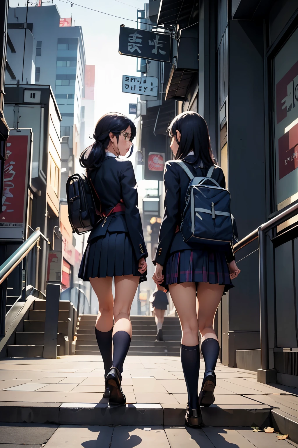 ((highest quality)), ((masterpiece)), (be familiar with), (High definition), 8K, Best Shadow, The best natural lighting, Cinematic, Two high school girls walking up the stairs、Navy blazer、Checkered Skirt、((1 The hem of the skirt is rolled up:1.1))、(navy blue socks)、(School bag), ((Back view))、covert photography、((Backward low angle))、navy blue socksのクローズアップ、Manga panel layout、Manga style、Manga Design、(Shibuya's Grand Staircase:1.4)、evening、On the way home