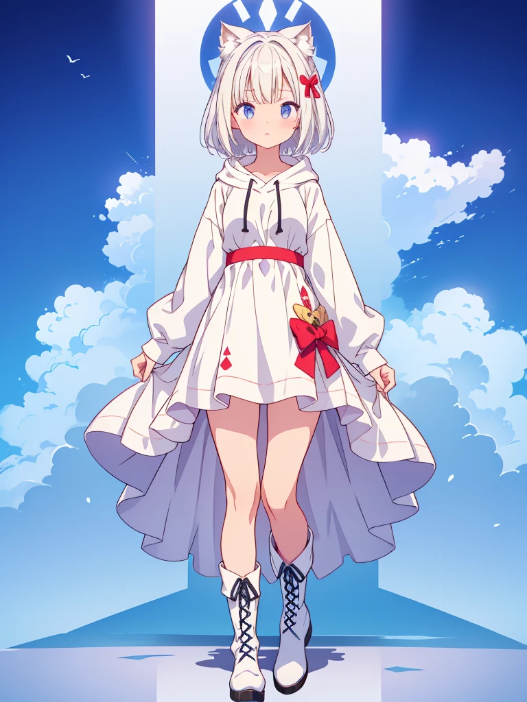 1girl、A simple long hoodie、Rib knit cuffs and hem、vtuber-fullbody、Milky white short hair、Knee-high boots、