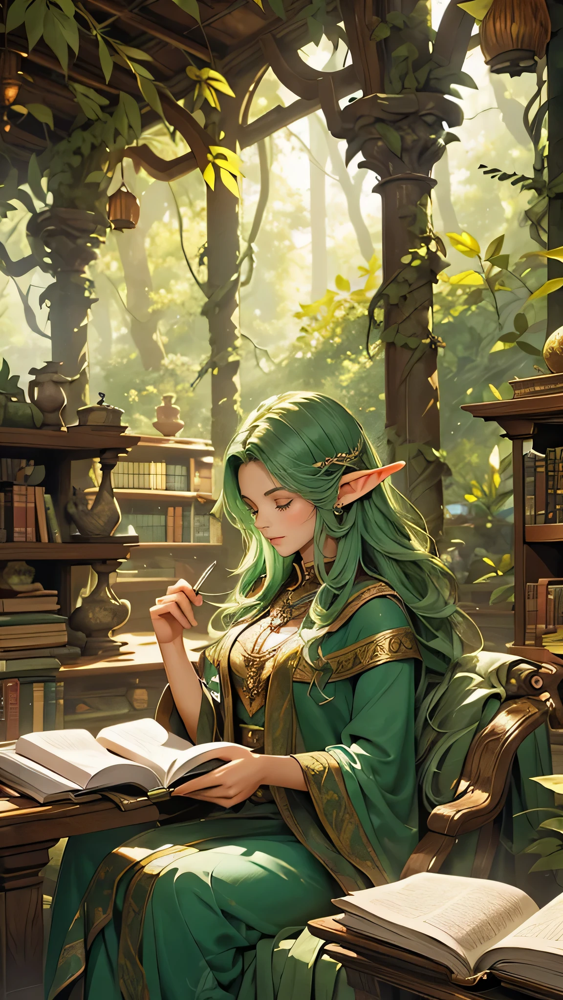 depict an ancient elven library in the middle of the forest, in a library full of ancient parchments and a room full of leafy leaves and shades of green, big and majestic, a palace library in the middle of the forest