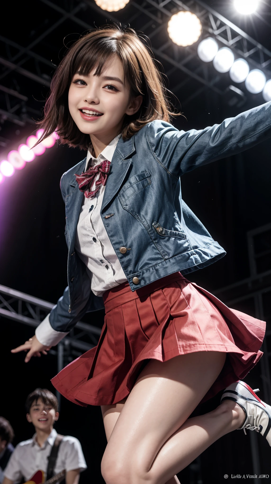 quality,masterpiece,Ultra-high resolution,(Actual:1.4),Original photo,Ultra-high resolution,8K,Wearing Nogizaka46 stage costumes,Fancy makeup with red eyeshadow,Big laughing smile,Short cut with delicate brown hair,A live costume of a high school girl's uniform mini skirt,Live costume: high school girl uniform jacket,She is jumping with her skirt rising up,Two girl idols,Concert Venues