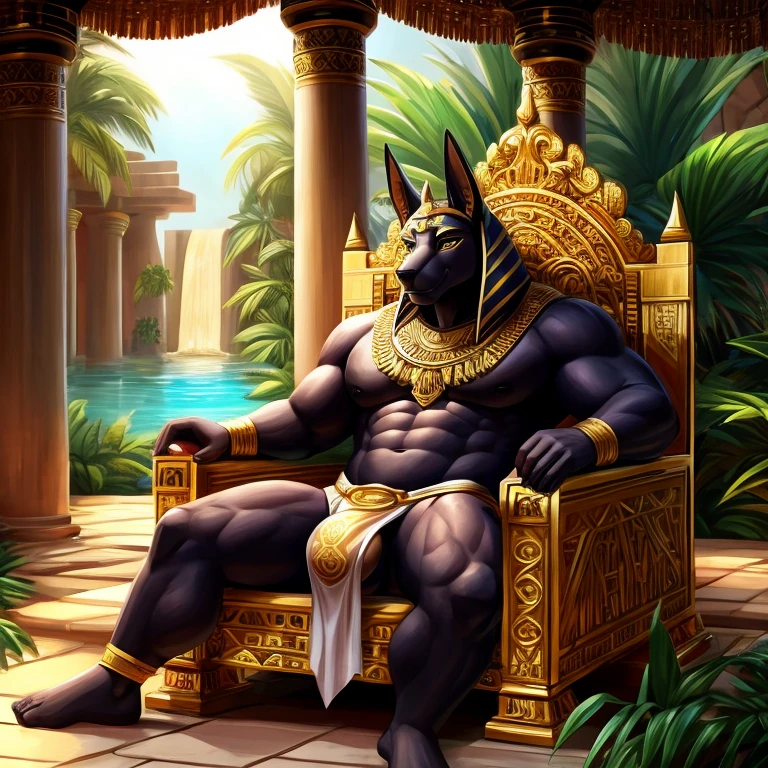Anubis, portrait, male, stocky, thick body, furry, bara art style, sexy, in an open-air temple, lounging on a large ornate golden throne, loincloth bulge, legs open, lush oasis background