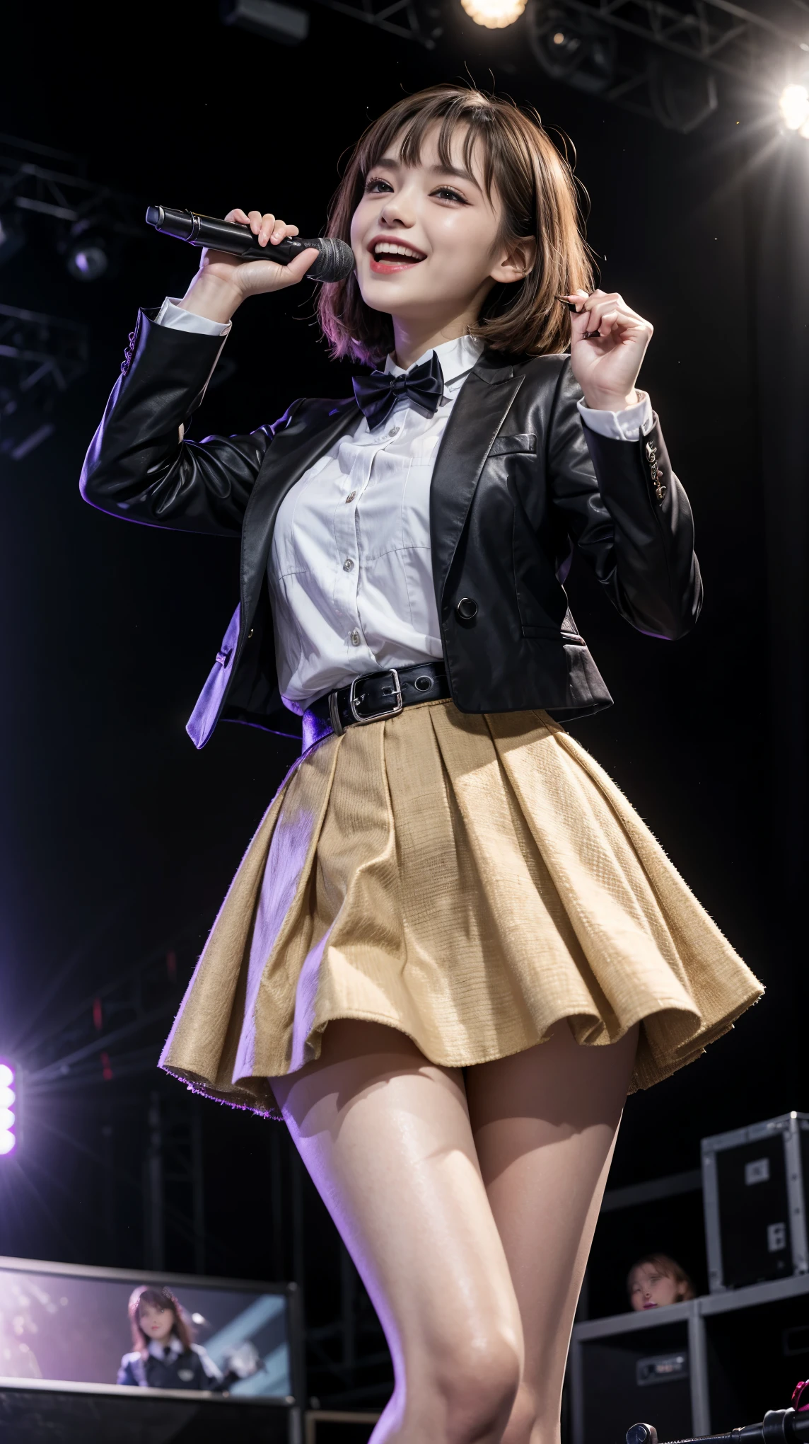 highest quality,masterpiece,Ultra-high resolution,(Actual:1.4),Original photo,Ultra-high resolution，8K，Dogenzaka 69，Flashy makeup with red eyeshadow，Big laughing smile，Short cut with delicate brown hair，A live costume of a high school girl&#39;s uniform mini skirt，Live costume: high school girl uniform jacket，Girl Idol，Concert Venues，Hold the wireless microphone in your hand，