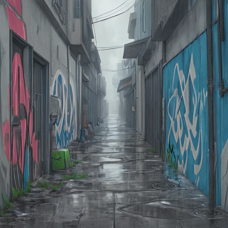 Alley raining and on the floor there is a big puddle of water, the buildings on the sides of the alley are worn out and on one there is graffiti that says heroes don't exist and it's a cloudy, blue-gray day