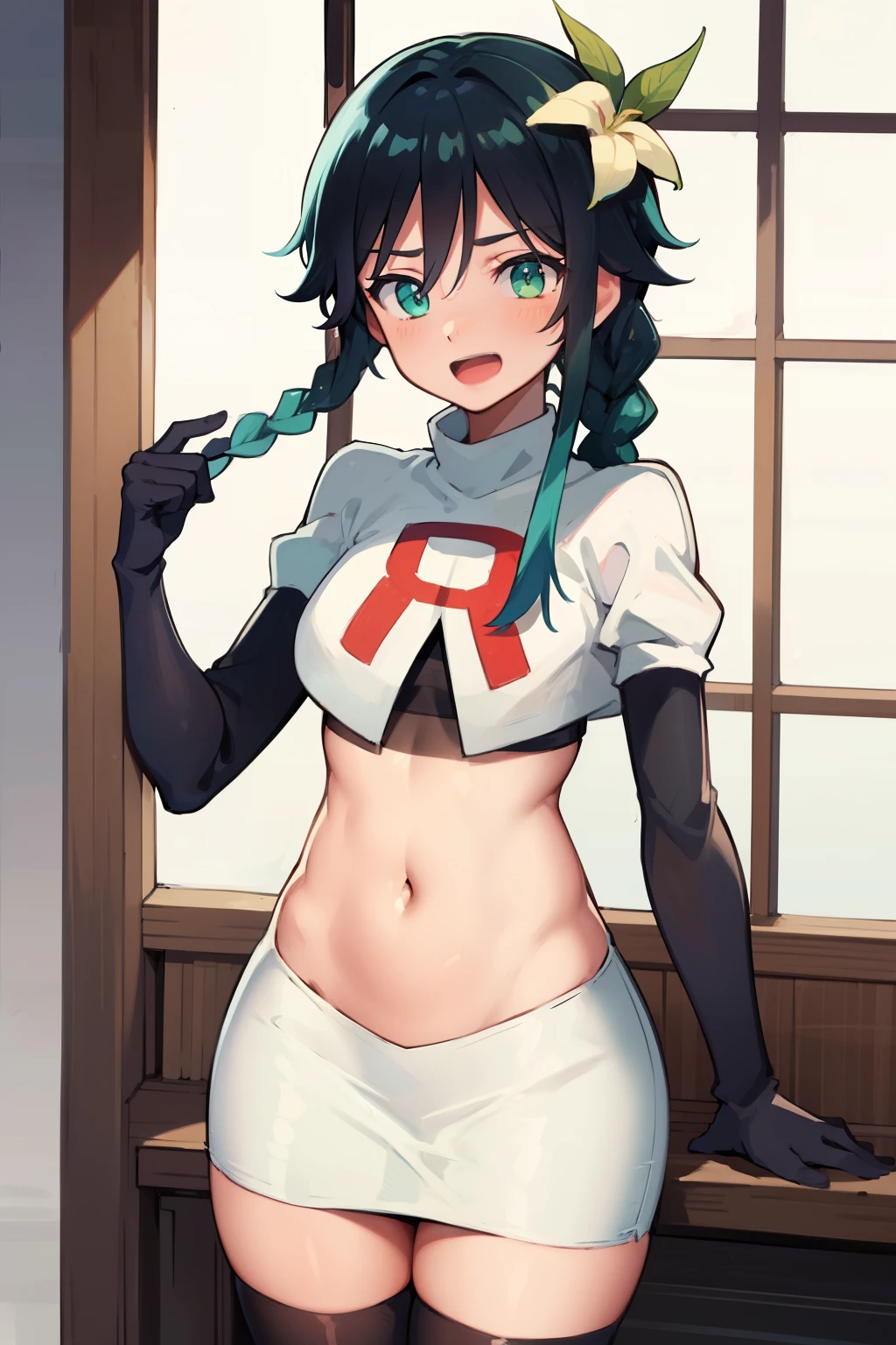 absurdres,venti,1boy, male focus, trap,black hair, green-blue hair, hair braid,hair flower,aqua green eyes,crossdressing,1boy,team rocket,team rocket uniform,white skirt,red letter R,crop top,black thigh-highs,black elbow gloves, laughing,happy, blush