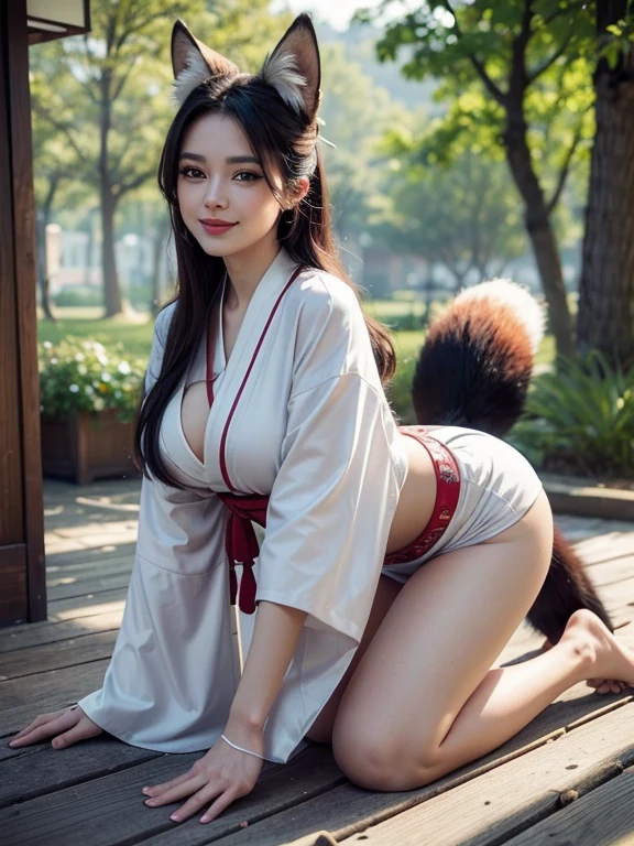 ((highest quality, 8k)), ((masterpiece)), (Familiar), Perfect Face, Fox Woman, Beautiful woman, public, There is a tail, She has a thick, long tail, she has a fox tail, She wags her tail, smile, collar with bell, She is wearing a kimono, Beautiful Hips, big breasts , Big tail, tail, Climb up on all fours