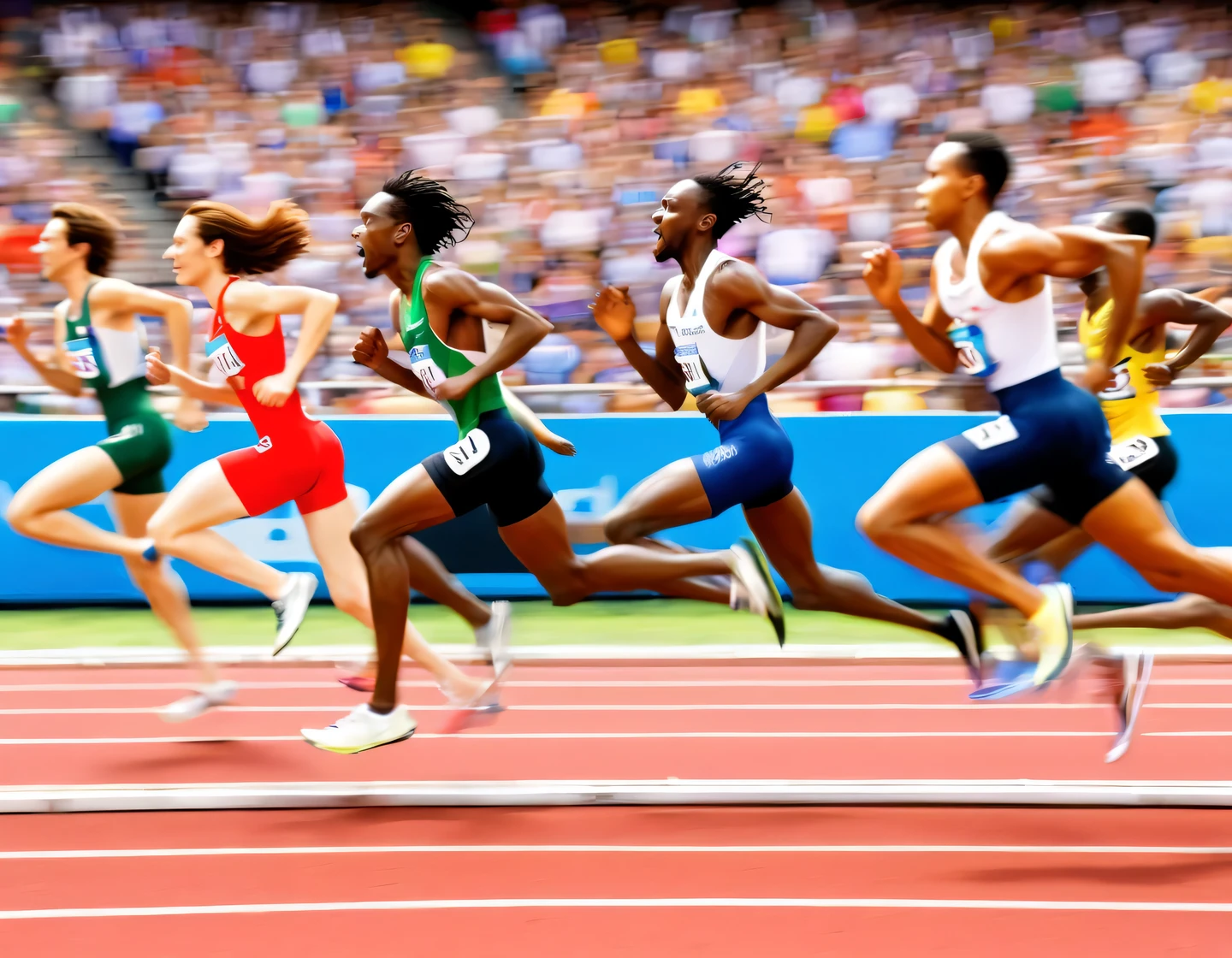 Motion blur, background spectators' seats blurred by motion blur, pixar, short distance track and field race, athletes running around the fourth corner in a stadium, fluttering hair, (sense of movement, sense of speed), (masterpiece), (best quality), (intricate detail)