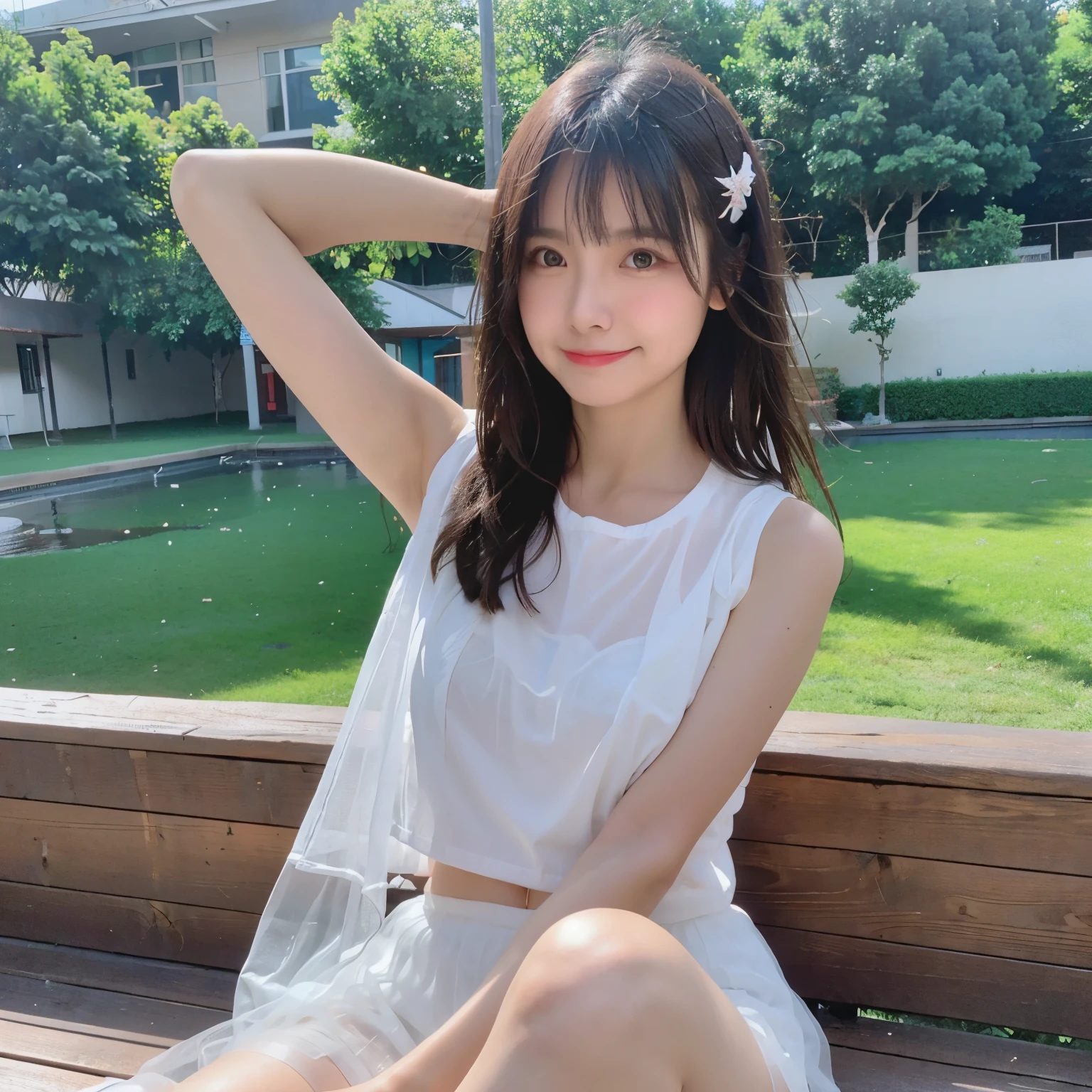 realistically, 1 girl, longhair, brown eyes, glowing eyes, Blush, daytime, sun light, Wet, Seethrough, white short skirt, Sit on your knees., crotch, nipples, sleeveless shirt, pussy, armpit, Naked, Spread your legs, sexy smile, strong wind,