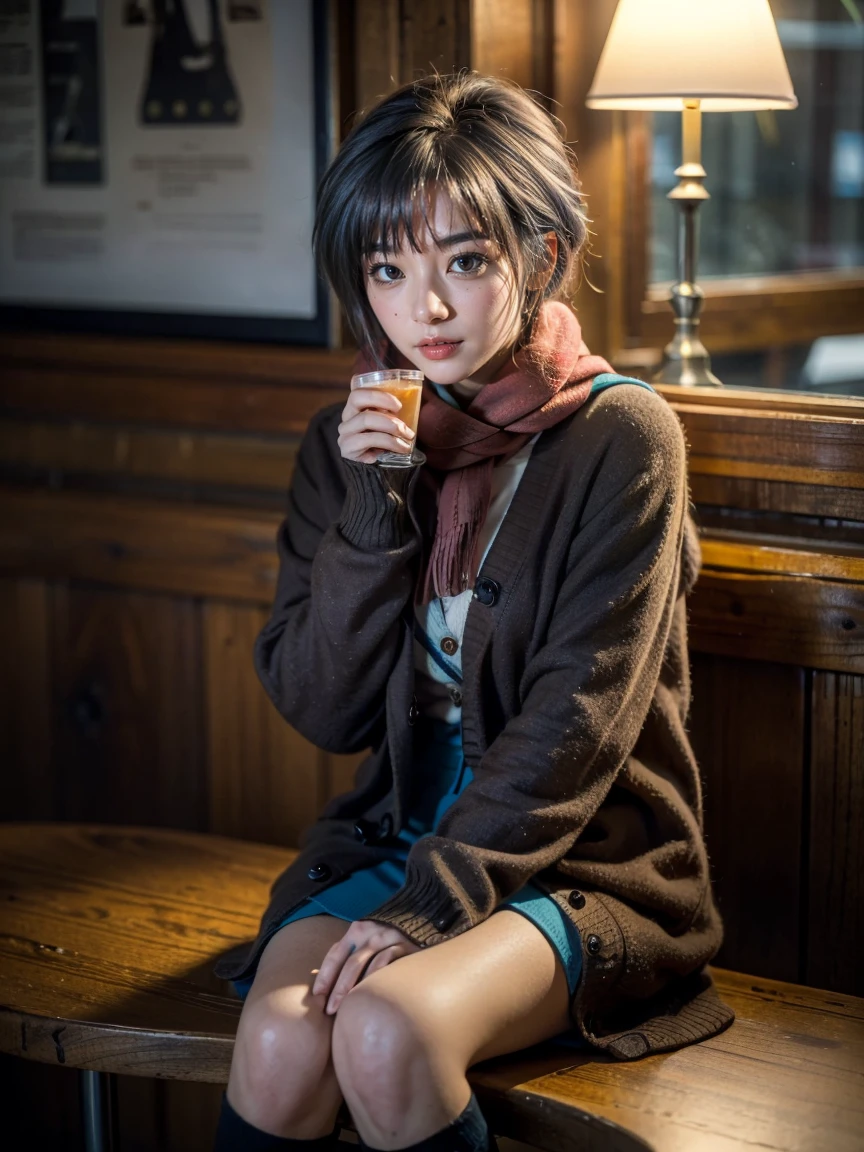 (1 lady), (Best quality at best:1.4), (ultra - detailed), (extremely detailed CG unified 16k), A Beautiful Woman with Perfect Figure: 1.4, Sharp Focus: 1.2, very detailed, High-definition RAW color photo, professional photoshooting, amazing face and eyes, cosmetics, (amazingly beautiful girl), ((yuki)), ((winter uniform, cardigan, kneehighs, blue skirt, serafuku, brown coat, scarf, kneehighs)), standing, sexyposture,(Dark and stylish bar, drinks, lamp lights, lamp lights:1.3), (look from down), realistic cinematic face, head to feet long wide zoomed out view, full body long view, photorealistic, ((realistic natural grayish purple hair style, yellowish eyes)), gorgeous, extremely beautiful face, perfect model beauty, pout mouth, Highly Detailed Face and Skin Texture, Detailed Eyes, Double Eyelids, Big Breasts, inexpressive face, cleavages, western, (masterpiece), best quality, high resolution, extremely detailed, blurred background, depth of field, cinematic lighting, amazing legs, high heels, clear and well-cared skin, drinking a shot of whisky