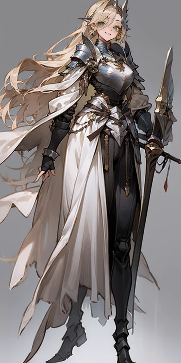 hands on sides, (masterpiece), ultra-detailed, 1girl, detailed eyes, medium breasts, gray background, (full body), green eyes, gray background, full plate armor, confident smile, staring at the viewer, blond hair in a ponytail, standing with a square spike shield