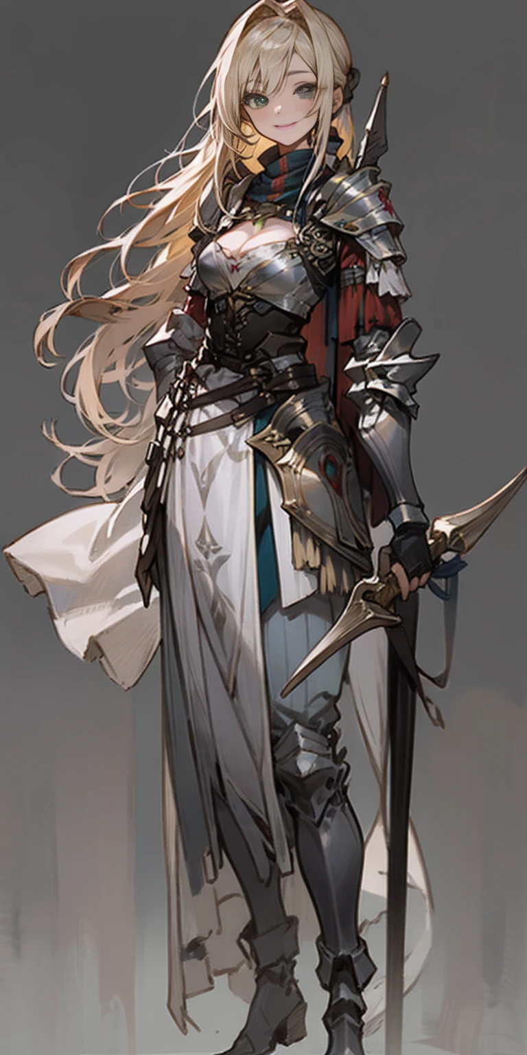 hands on sides, (masterpiece), ultra-detailed, 1girl, detailed eyes, medium breasts, gray background, (full body), green eyes, gray background, full plate armor, confident smile, staring at the viewer, blond hair in a ponytail, standing with a square spike shield