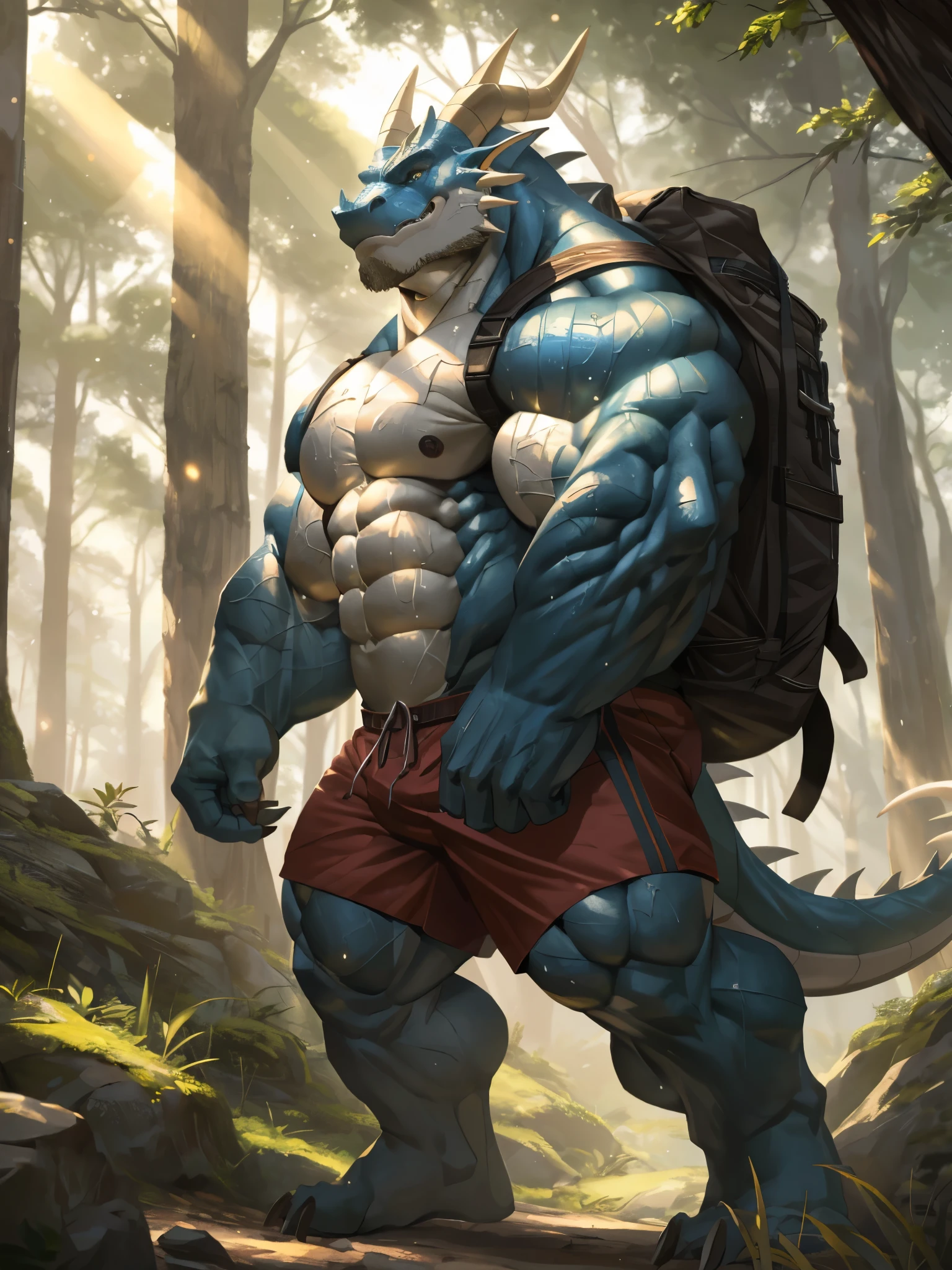 (best quality,4k,8k,highres,masterpiece:1.2),ultra-detailed,(realistic,photorealistic,photo-realistic:1.37),huge muscular furry dragon,long horns,sharp claws,bright blue scales,shirtless,red shorts,backpack,hiking attire,standing tall in a lush green forest,sunlight filtering through the dense foliage,casting dappled shadows on the ground,dust particles floating in the air,golden rays illuminating the dragon's strong and powerful physique,glistening sweat on its toned muscles,facial expression showcasing determination and confidence,an adventurous gleam in its eyes