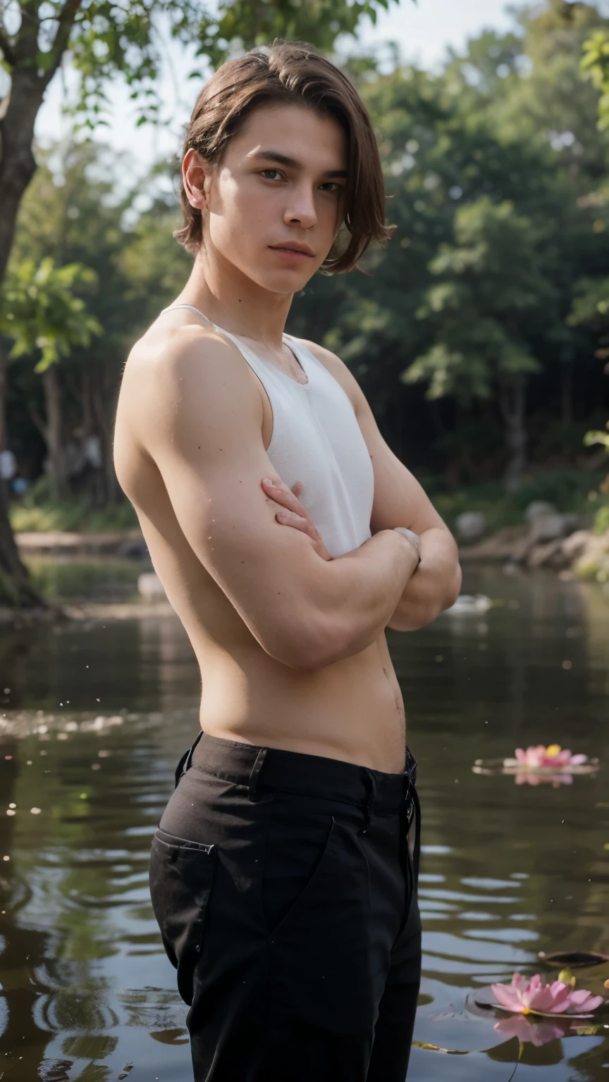 A boy 10 - 12 years old stands in an overgrown field, he is wearing a crop top and short shorts, he is barefoot, there is a lot of tall grass and several trees in the field, Short top, crop top, Short shorts, boy barefoot, bare feet,