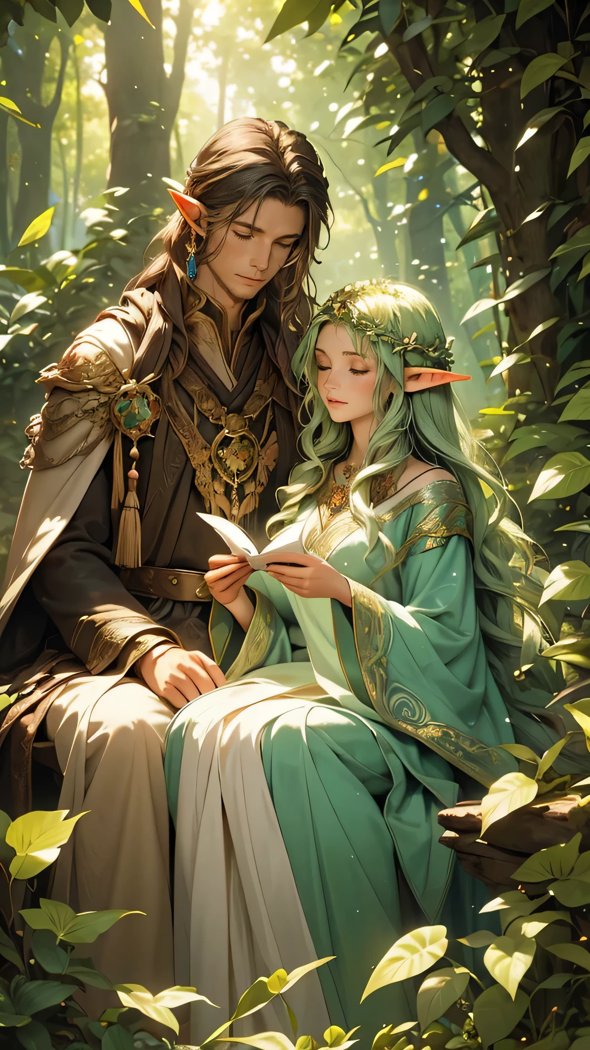 Elves, guardians of the forest, ethereal beings, flowing robes, intertwined with nature, mystical atmosphere, sunlight filtering through leaves, intricate details, magical aura, peaceful and serene, fantasy ilustration, elf mans and woman in ceremonial event