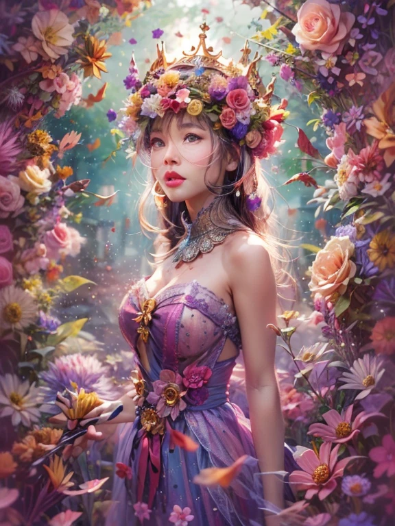 (A girl wearing a crown made of blooming flowerlooming flowers,embodying the harmony between nature and human creativity,High detail,  hyper HD, Best quality，artworks，high high quality，8K