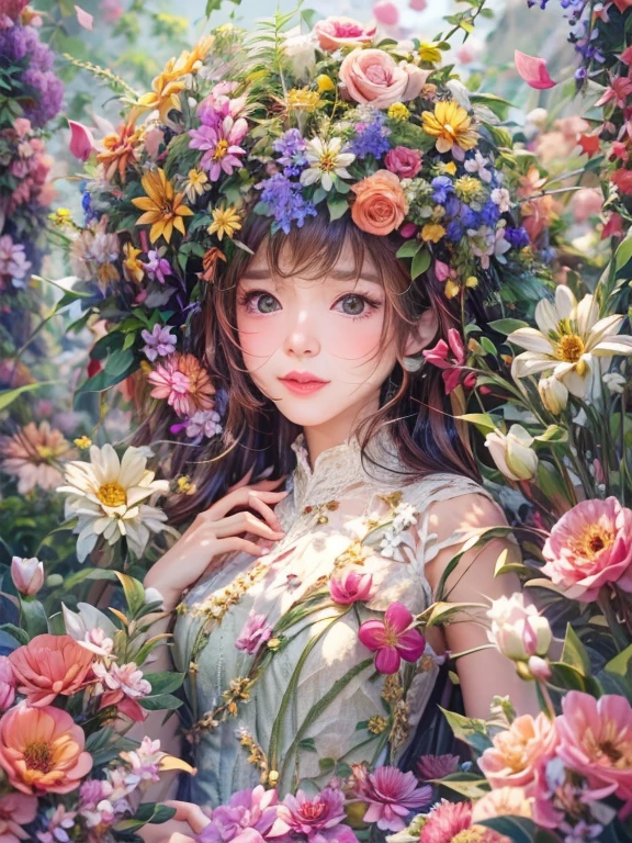 (A girl wearing a crown made of blooming flowerlooming flowers,embodying the harmony between nature and human creativity,High detail,  hyper HD, Best quality，artworks，high high quality，8K