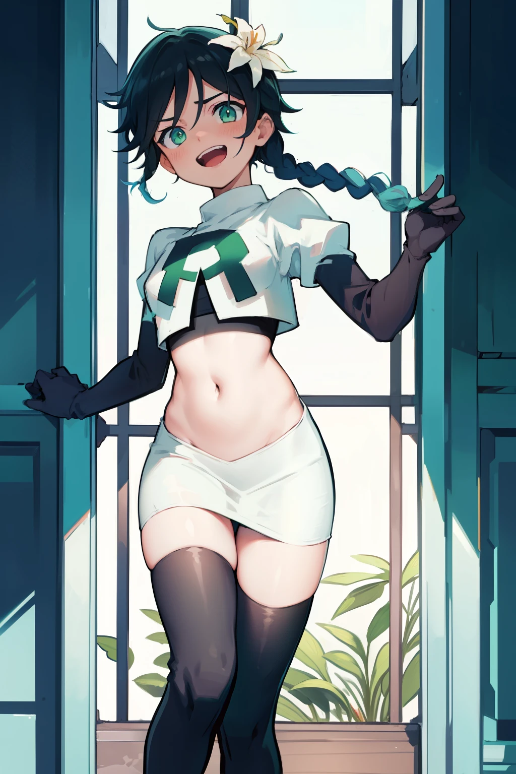 absurdres,venti,1boy, male focus, trap,black hair, green-blue hair, hair braid,hair flower,aqua green eyes,crossdressing,1boy,team rocket,team rocket uniform,white skirt,red letter R,crop top,black thigh-highs,black elbow gloves, laughing,happy, blush