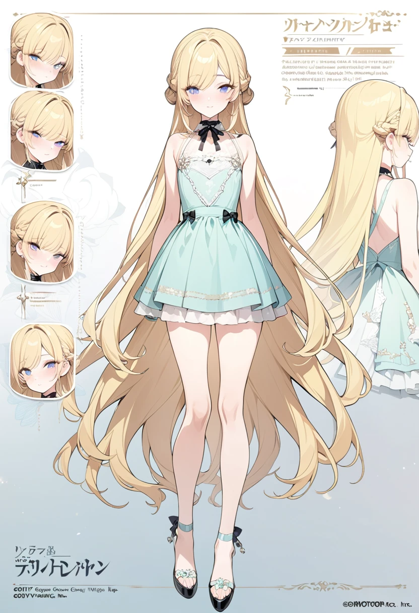 (masterpiece, highest quality, highest quality, official art, Cosmetology and aesthetics: 1.2), A cross-dressing boy, blonde hair, very long hair, french braid, dress, Cute, delicate and short,flat chest,full body,standing girl,three view drawing, front and back and side,character sheet,full body,simple background