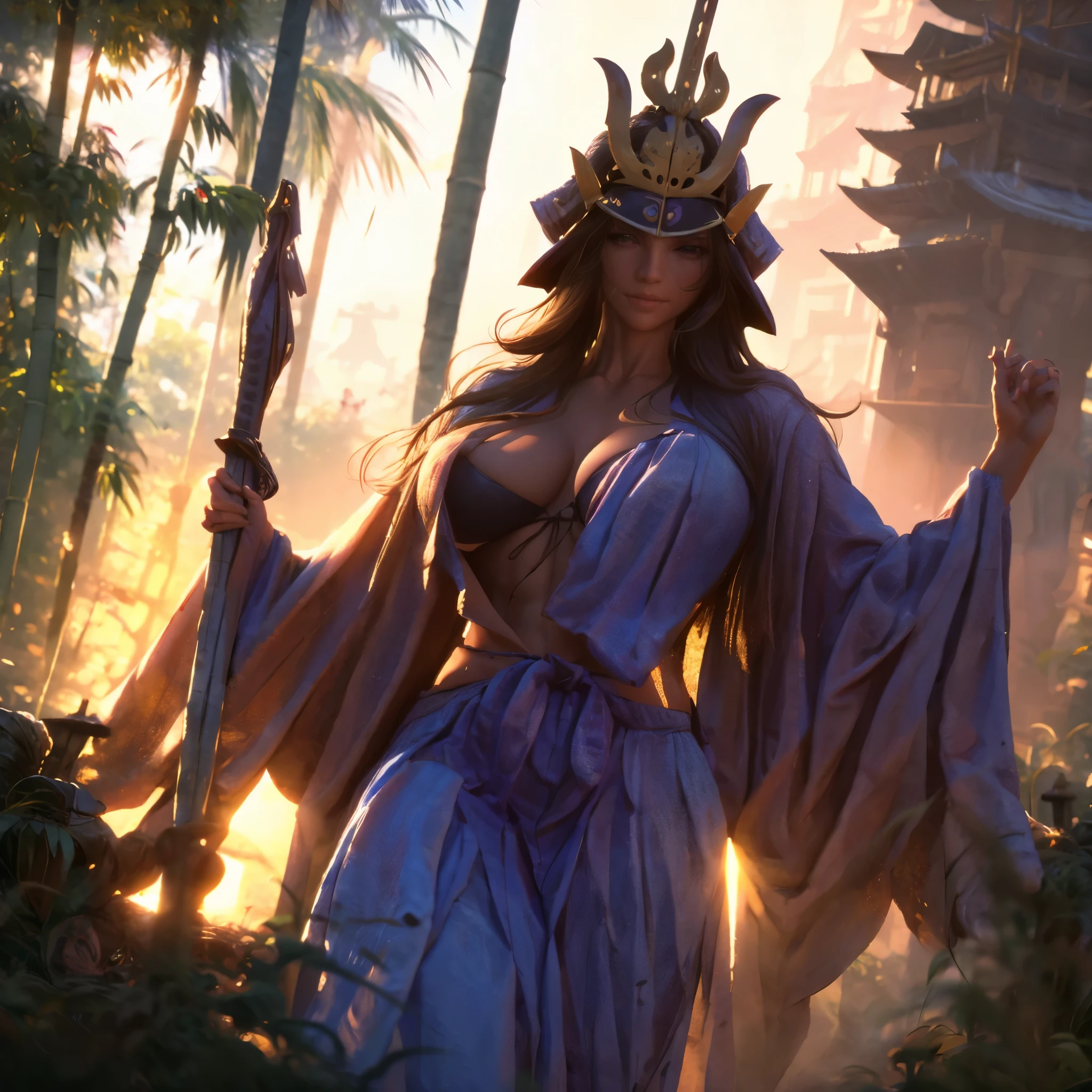 (best quality,4k,8k,highres,masterpiece:1.2),ultra-detailed,(realistic,photorealistic,photo-realistic:1.37),woman wearing a weak blue kimono,big breasts,long black hair,samurai helm,holding a katana,in a landscape with bamboo,smiling,HDR,UHD,studio lighting,ultra-fine painting,sharp focus,physically-based rendering,extreme detail description,professional,vivid colors,bokeh,portraits,landscape,horror,anime,sci-fi,photography,concept artists,warm color tones,soft and diffused lighting