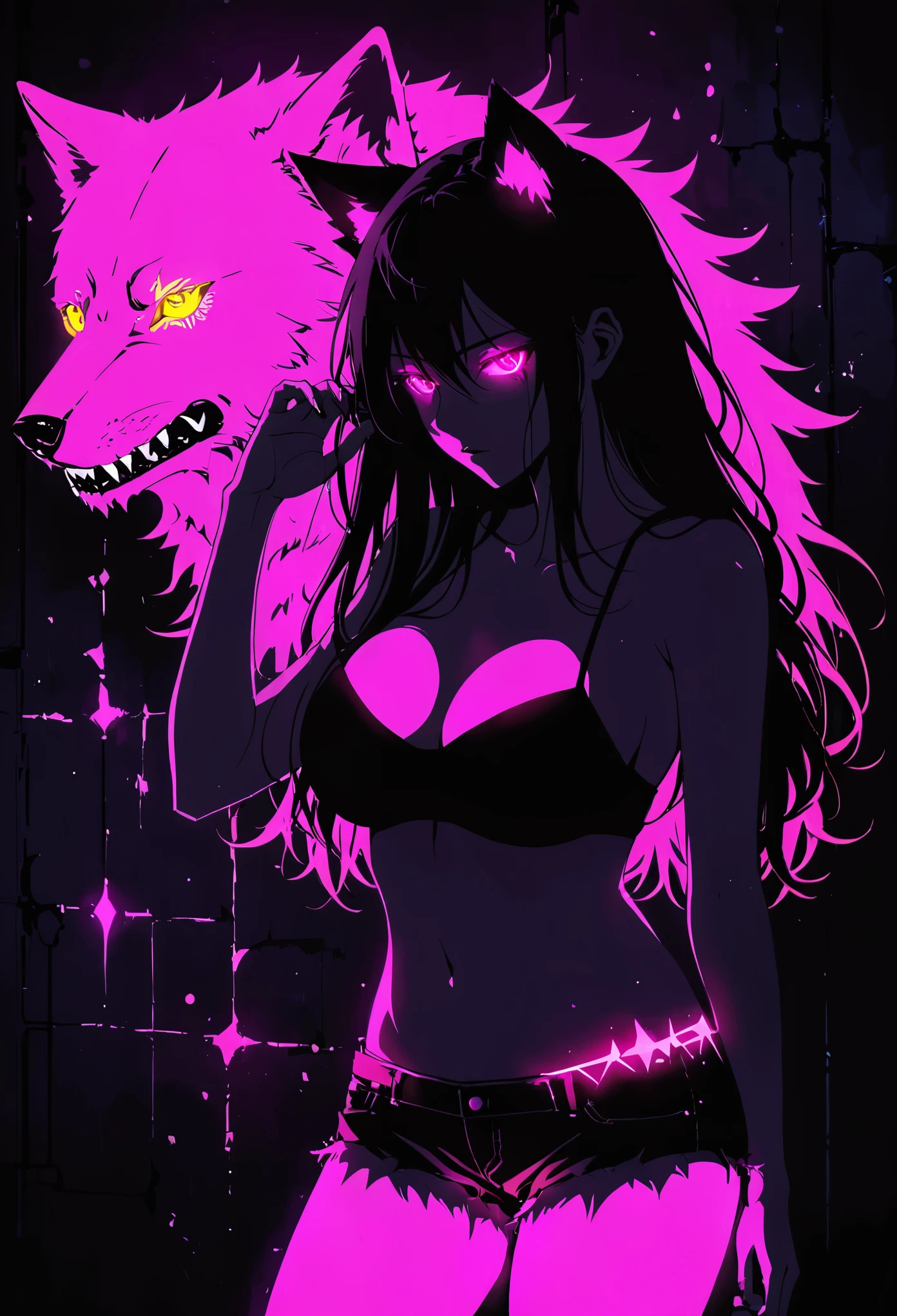 (Pink fluorescent Graffiti of mysterious wolf head :2.0),indoor,Fluorescent illumination, (Darkness shrouded, black background, shadow, extreme darkness, Dark atmosphere:3.0),Wall background,black background,silhouette,shadow,extreme darkness,Minimalist graffiti style background,Fluorescent pink eye graffiti,Dark atmosphere,cowboy shot,1girl,(shortest Short shirt cutting1.8),huge Breast,long nipple,nipple embossment,underboob,blurred background,Blurred foreground,Pink fluorescent hair,Fluorescent pink eyes,Hand raised and touching hair,long hair,Messy hair, Low rise denim shorts,Over-the-knee boots,pink eye glowing,Ruined eyeshadow,Poker face