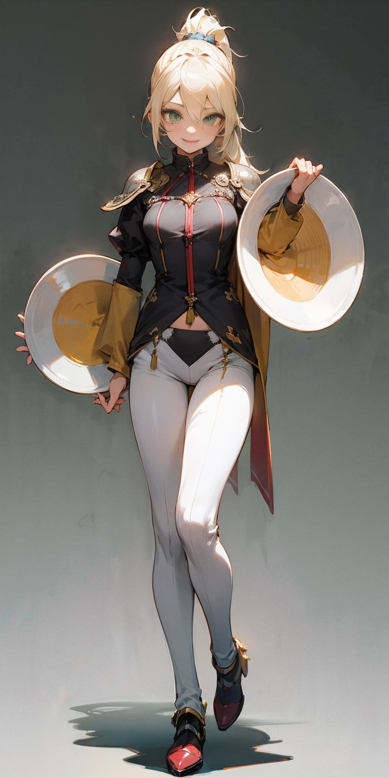 hands on sides, (masterpiece), ultra-detailed, 1girl, detailed eyes, medium breasts, gray background, (full body), green eyes, gray background, full plate armor, confident smile, staring at the viewer, blond hair in a ponytail, standing with a square spike shield