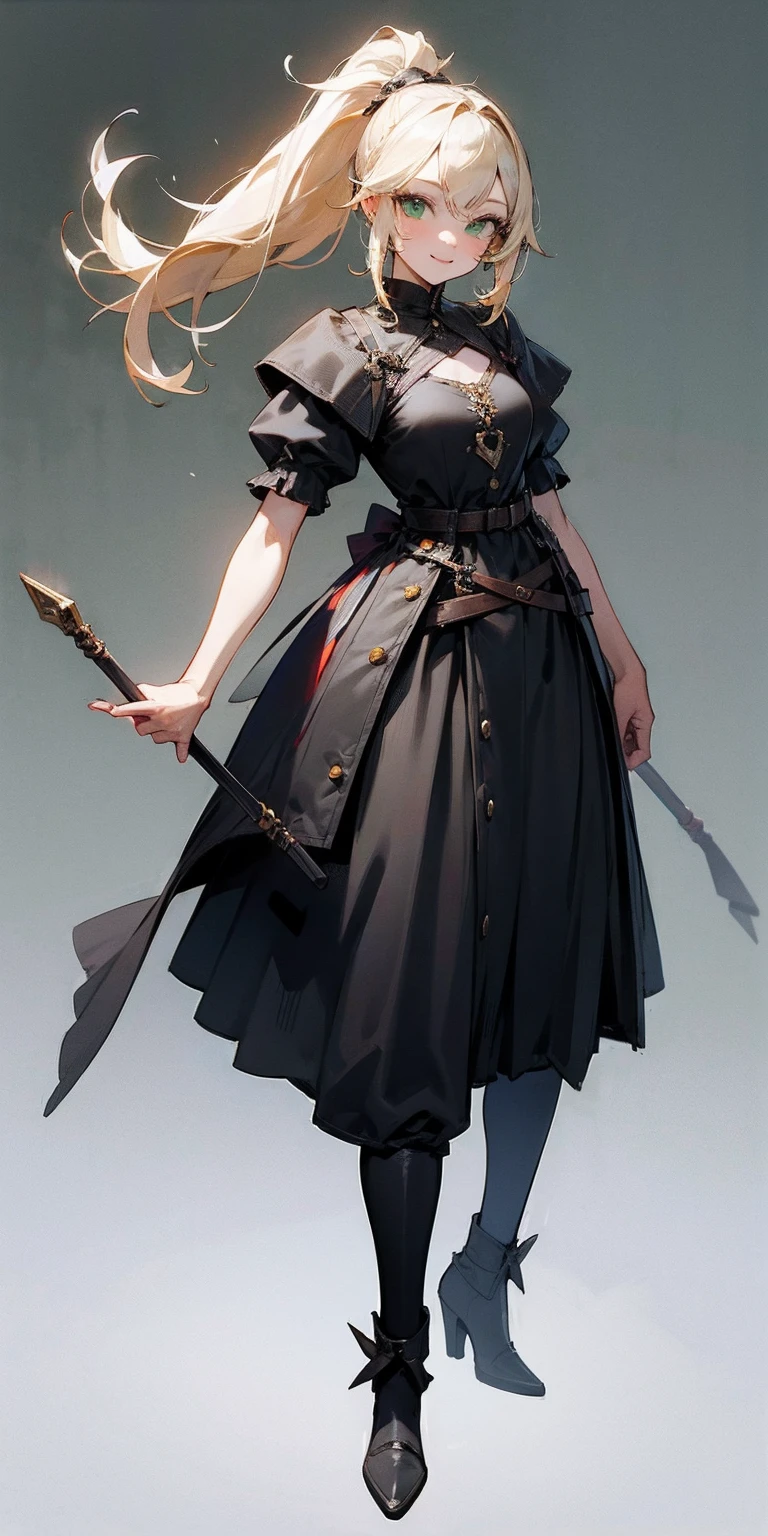 hands on sides, (masterpiece), ultra-detailed, 1girl, detailed eyes, medium breasts, gray background, (full body), green eyes, gray background, full plate armor, confident smile, staring at the viewer, blond hair in a ponytail, standing with a square spike shield