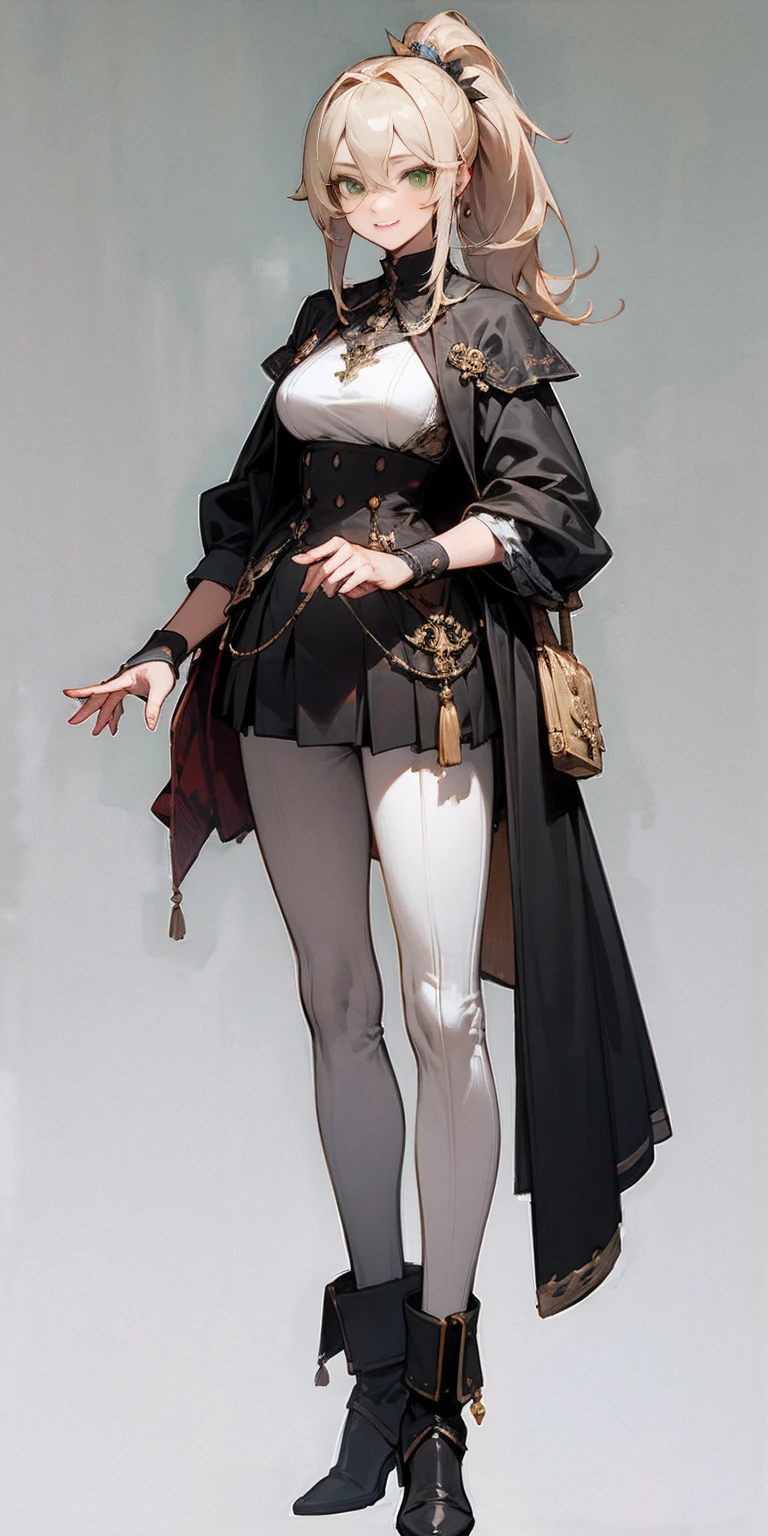 hands on sides, (masterpiece), ultra-detailed, 1girl, detailed eyes, medium breasts, gray background, (full body), green eyes, gray background, full plate armor, confident smile, staring at the viewer, blond hair in a ponytail, standing with a square spike shield