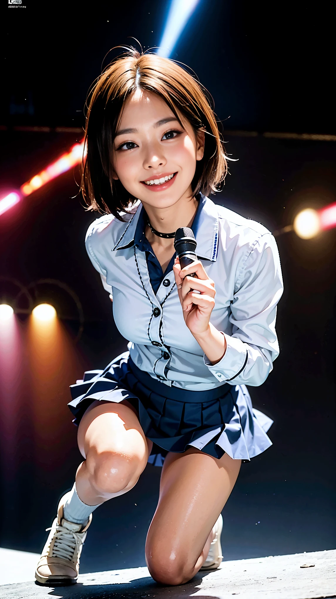 quality,masterpiece,Ultra-high resolution,(Actual:1.4),Original photo,Ultra-high resolution,8K,Wearing Nogizaka46 stage costumes,Fancy makeup with red eyeshadow,Big laughing smile,Short cut with delicate brown hair,A live costume of a high school girl's uniform mini skirt,Live costume: high school girl uniform jacket,She is jumping with her skirt rising up,Two girl idols,Concert Venues