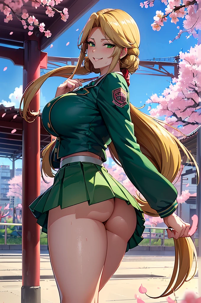 8K(A sloppy smile:1.9)((woman,Huge , Are fat,Very red lips highlighting huge breasts,Big Ass,Narrow waist,Long legs,Green Eyes立っている)) 8k((((Anime Style),(The facial expression is good))))8k(((((Anime Style)Green Eyes)))) 8k((Standing at the station))8k((Waiting for a train at the station))8k((early morning))8k((Beauty))((学生blazer15歳学生服 緑のネクタイ, blazer, Pleated skirt))8k(((spring,cherry blossoms,The wind is blowing,Her skirt is flipped up,cherry blossomsが散っている:1.3)))