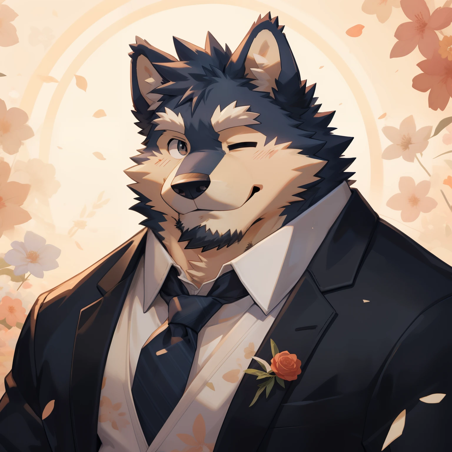 Scribble 德国牧羊dog face,Cute face,Humanity(dog),(White suit:1.3),Chubby,(white eyebrows:1.1),（With one eye closed:1.2）,(perfect black eyes), Wedding background,print style。（Artist:Takemoto Arashi）