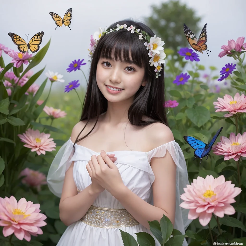 Beautiful girl in a fairy costume, surrounded by flowers and butterflies. content: Watercolor. style: Whimsical and delicate, Like an illustration in a children&#39;s book.