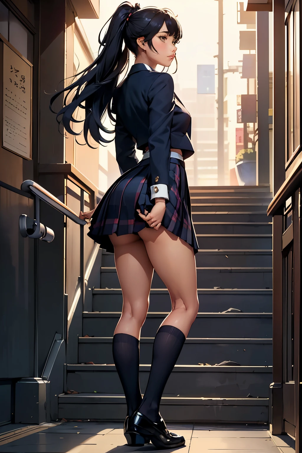 ((highest quality)), ((masterpiece)), (be familiar with), (High definition), 8K, Best Shadow, The best natural lighting, Cinematic, Two high school girls walking up the stairs、Navy blazer、Checkered Skirt、((1. Her skirt is lifted up:1.1))、(navy blue socks)、(School bag), ((Back view))、covert photography、((Backward low angle))、navy blue socksのクローズアップ、Manga panel layout、Manga style、Manga Design、(Shibuya's Grand Staircase:1.4)、evening、On the way home