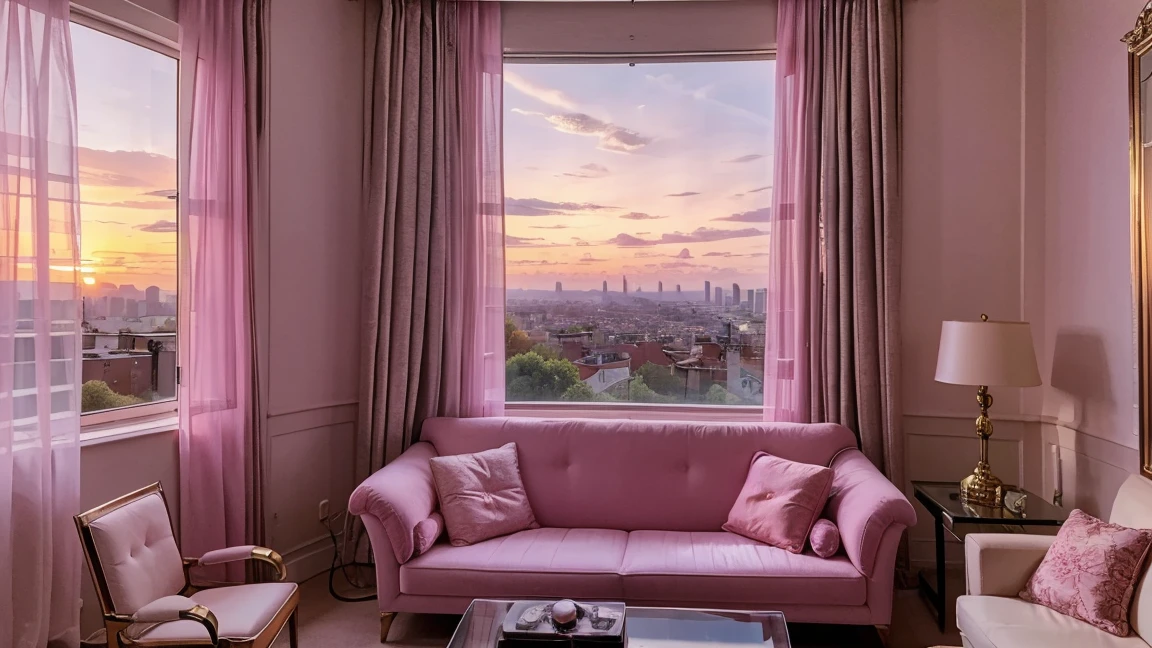 Billionaire living room with large window of the city sunset. Pink curtains; pink furniture