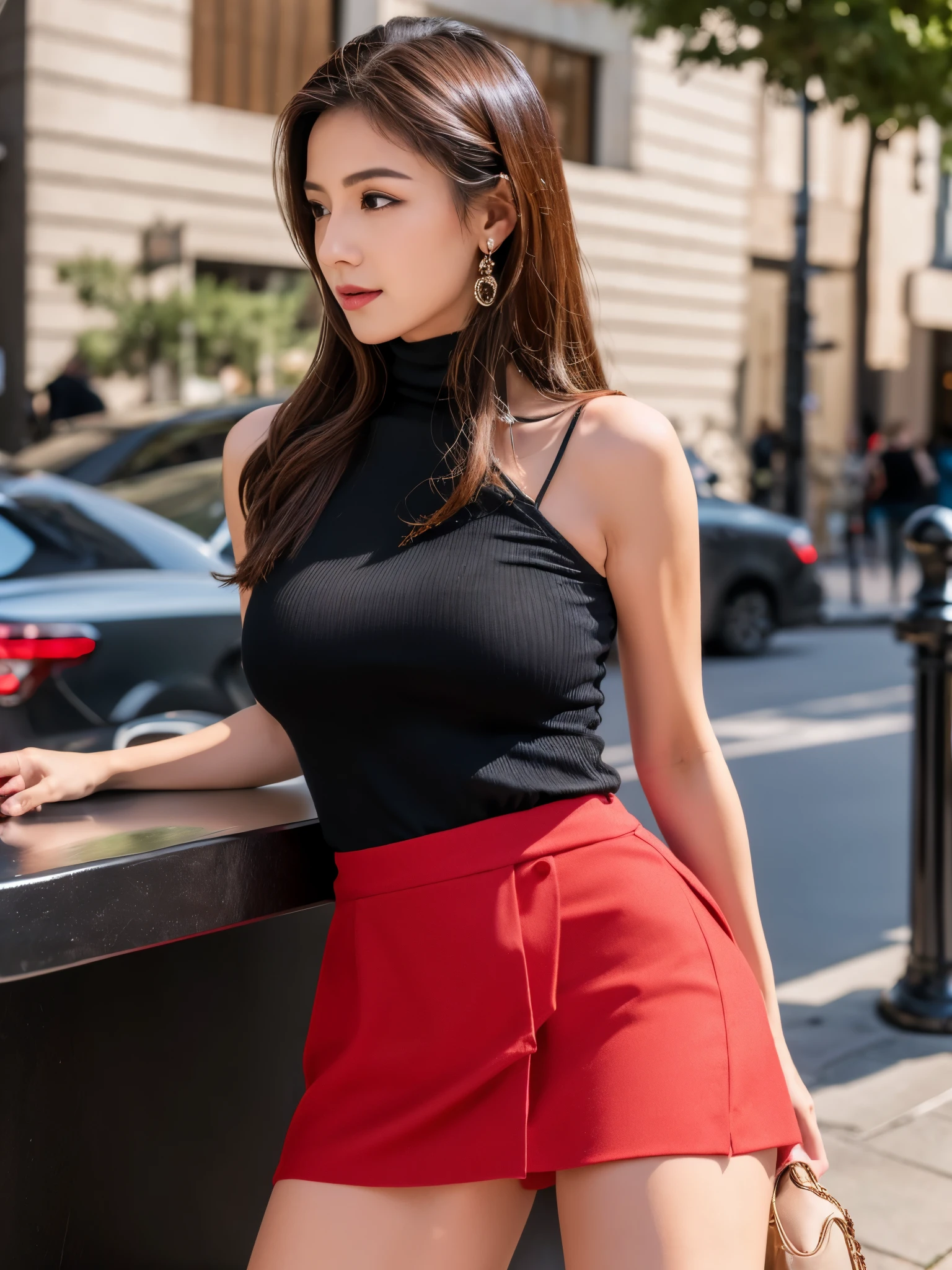 (best quality,4k,8k,highres,masterpiece:1.2),ultra-detailed,(realistic,photorealistic,photo-realistic:1.37),beautiful woman,sitting,red very short skirt,street side cafe chair,black stockings,long legs