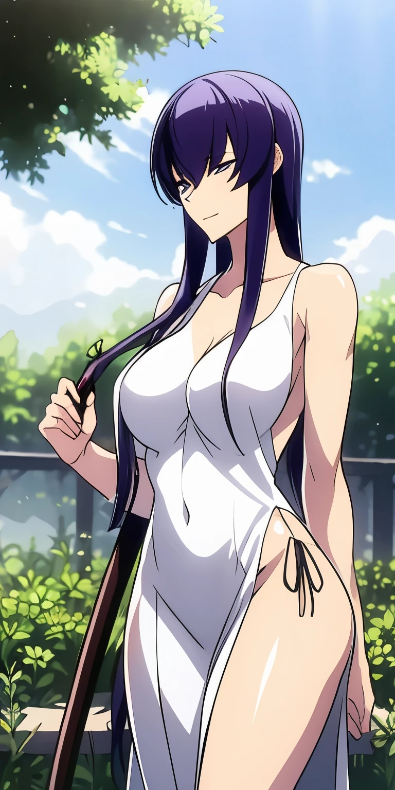 Saeko Busujima in a vestido de novia standing in a garden, Lleno de detalless, tul y encaje, Velos y joyas, wearing a vestido de novia, vestido de novia, muchos detalles, vestido romantico, con intrincados detalless, with muchos detalles, velo de encaje, Lleno de detalles, detalle perfecto, Velo blanco simple, hermosa tela fluida, con intrincados detalles