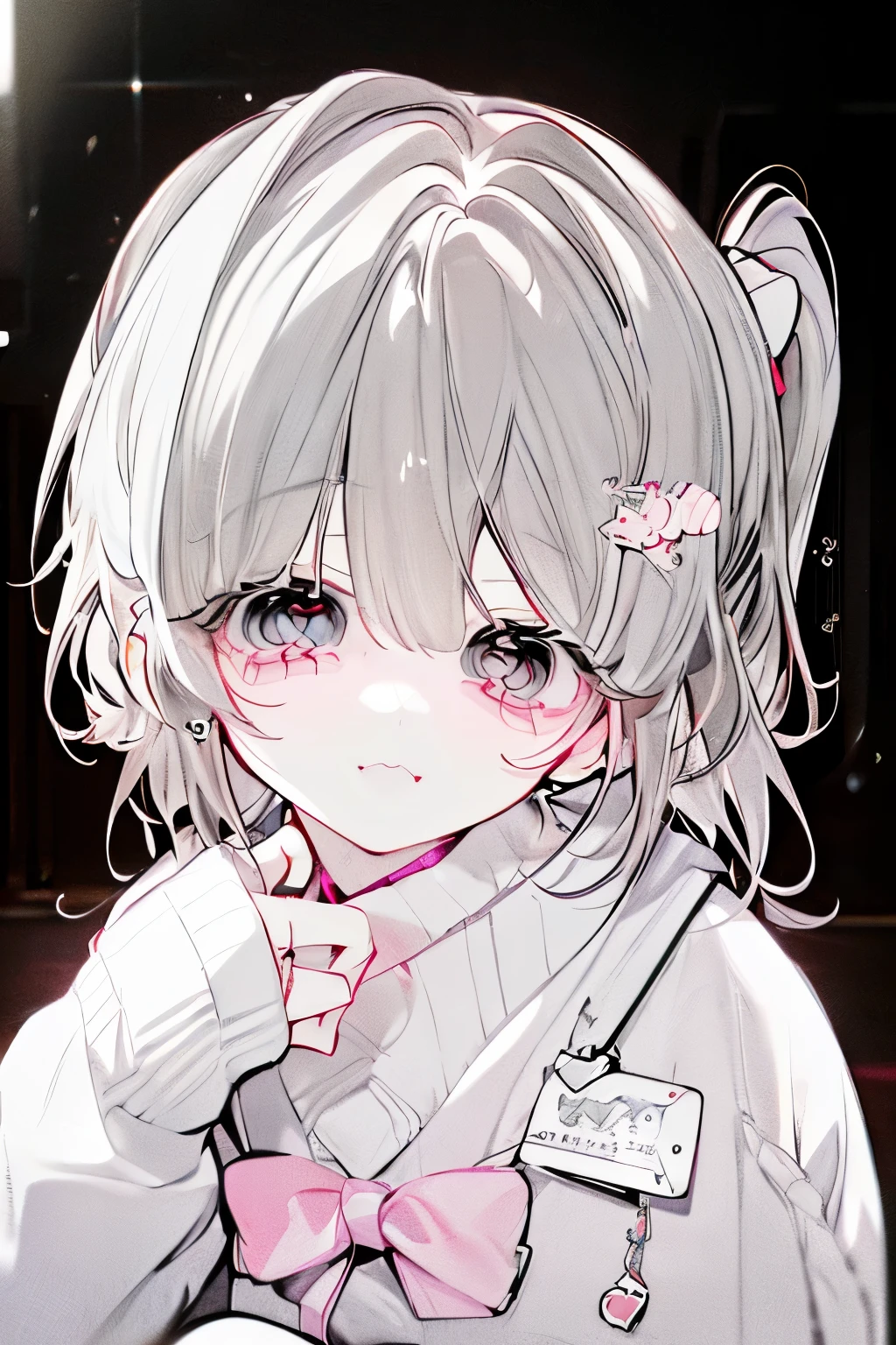 (best quality,4k,8k,highres,masterpiece:1.2),ultra-detailed,(realistic,photorealistic,photo-realistic:1.37),portrait,Kawaii,white hair,shy,introverted girl,pink cheeks,innocent eyes,adorable smile,cute kitten ears,wearing a cozy pink sweater and a bow tie,sitting sideways with her fingers crossed,white background.