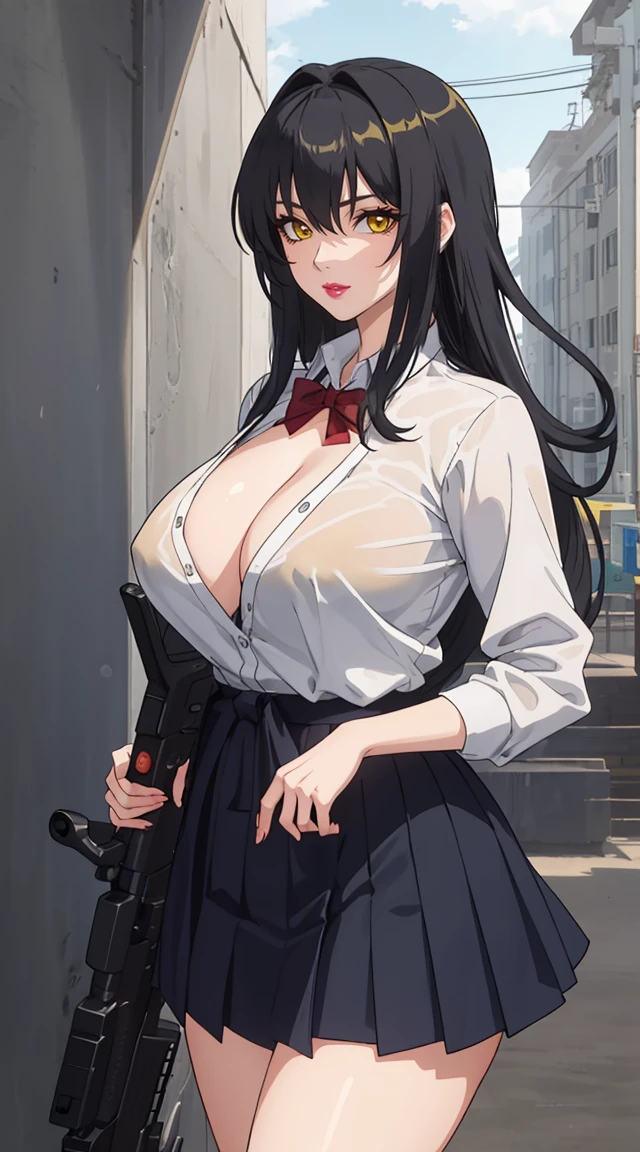 (masterpiece:1.4),(best quality:1.4),  soft light, movie bloom, Pretty Face, beautiful eyes, Cowboy shooting,
1 Girl, Solitary, Female Maturity, Black Hair, Long hair, (Yellow eyes:1.4), Large Breasts,Cleavage， School outfitl, School, hair intake, Exquisite eye details, Beautiful character design unified details 8k HDR, professional art, landscape, (Solitary:1.5, 1 Girl:1.4, Cowboy shooting:1.5), Sexy body, milf, 35-year-old girl, thigh, sexy waist, hapiness,