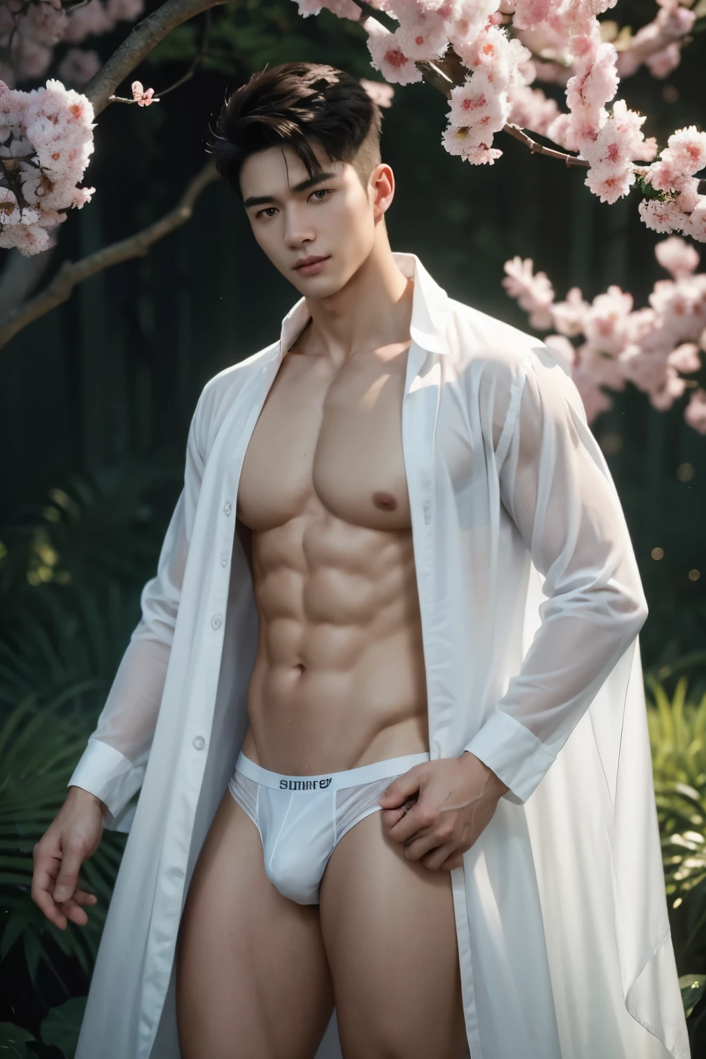 1 man, (male model) hot skin, masterpiece, best quality, most handsome man in the world, by Shen Quan, perfect body, beautiful male model, an attractive man 18-24 years old aesthetic, blossoms in spring, green fields, spring, plains, trees, flowers, blue sky, rough and handsome young man in white transparent robe, white transparent fabric, shirtless jacket shoulders, exposed chest muscles, exposed thighs, ((exposed transparent white briefs)), (male focus), (smooth body)), smile, super cute, dynamic pose, cool and seductive, dramatic lighting, full body shot, full body shoot, young face, full body, body hairless, skinny tall, fit body, dominant, white or white skin, young face, firm body, hd, natural flesh tone, soft light, highly detailed, looking at the audience, photography, detailed skin, real person, realistic, photorealistic realistic, crazy detail, facial detail, hype maximization, hype surrealism, film, telephoto, lighting complex detail , Highly detailed, Highly detailed, Digital painting, artstation, concept art, smooth, sharp focus, illustration, Unreal Engine 5, 8K, art by Ross Tran and Greg Rutkowski and Alphonse Mucha, UHD, 8k, Show men only .8k Ultra HD, DSLR, dim lighting, high quality, film grain, Fujifilm XT3, male fan, 2-person, two-person model.
