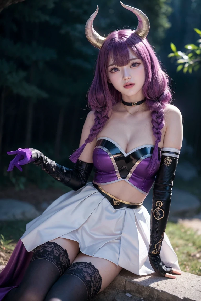 aura the guillotine,
aura the guillotine, long hair, (purple eyes:1.1), purple hair, braid, horns, twin braids, smile,
skirt, thighhighs, gloves, choker, black gloves, elbow gloves, magical girl,
outdoors,
looking at viewer,
(masterpiece:1.2), best quality, high resolution, unity 8k wallpaper, (illustration:0.8), (beautiful detailed eyes:1.6), extremely detailed face, perfect lighting, extremely detailed CG, (perfect hands, perfect anatomy),