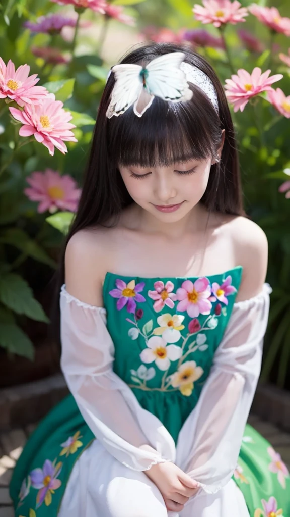 Beautiful girl in a fairy costume, surrounded by flowers and butterflies. content: Watercolor. style: Whimsical and delicate, Like an illustration in a children's book.
