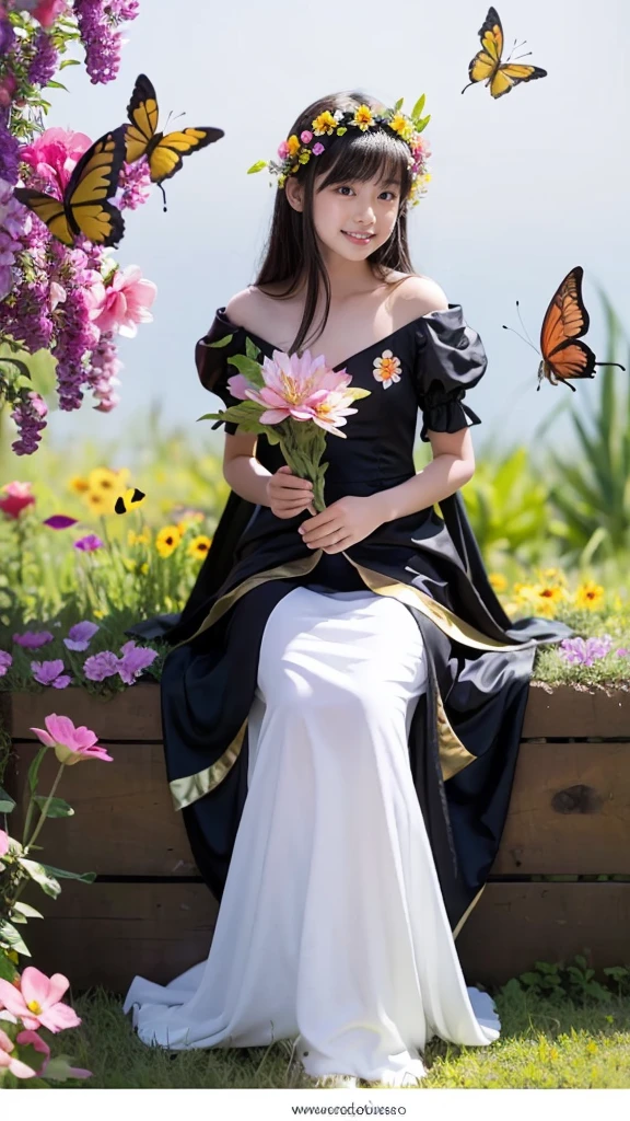 Beautiful girl in a fairy costume, surrounded by flowers and butterflies. content: Watercolor. style: Whimsical and delicate, Like an illustration in a children&#39;s book.