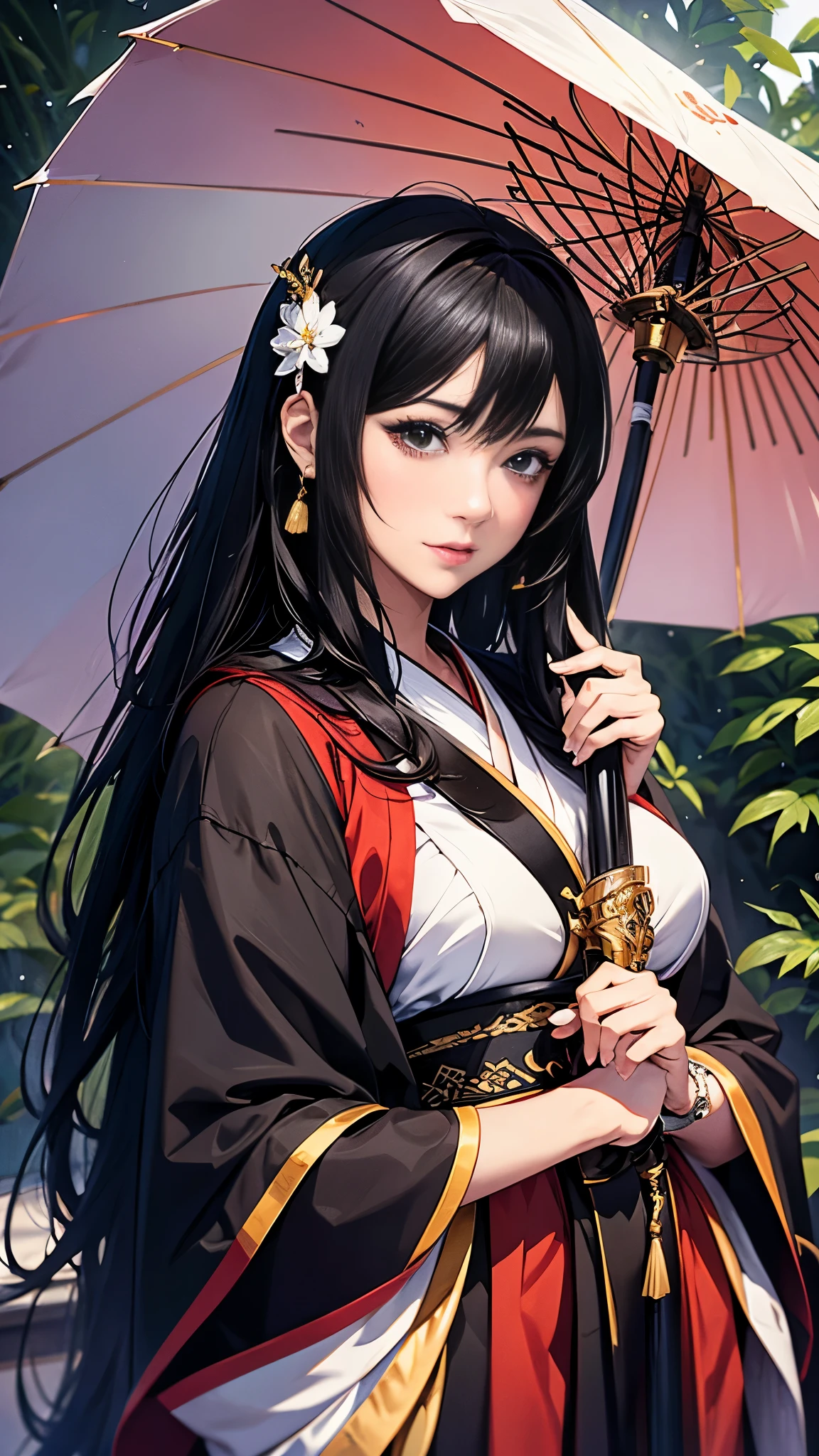 (Anime: 1.3), (max resolution: 1.2), (Ultra HDTV: 1.2), cinematographic light, 8K resolution, Detailed facial features, Detailed eyes (green), Luminous skin, Traditional geisha attire (dark-skinned), Fan in hand, Umbrella opened, Animated expression.