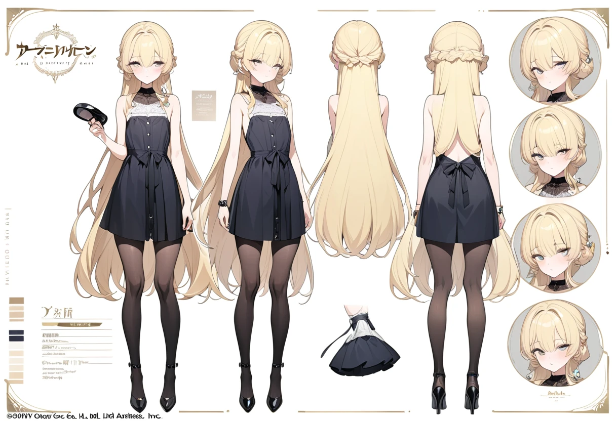 (masterpiece, highest quality, highest quality, official art, Cosmetology and aesthetics: 1.2), A cross-dressing boy, blonde hair, very long hair, french braid, dress, Cute, delicate and short,flat chest,full body,standing girl,three view drawing, front and back and side,character sheet,full body,simple background