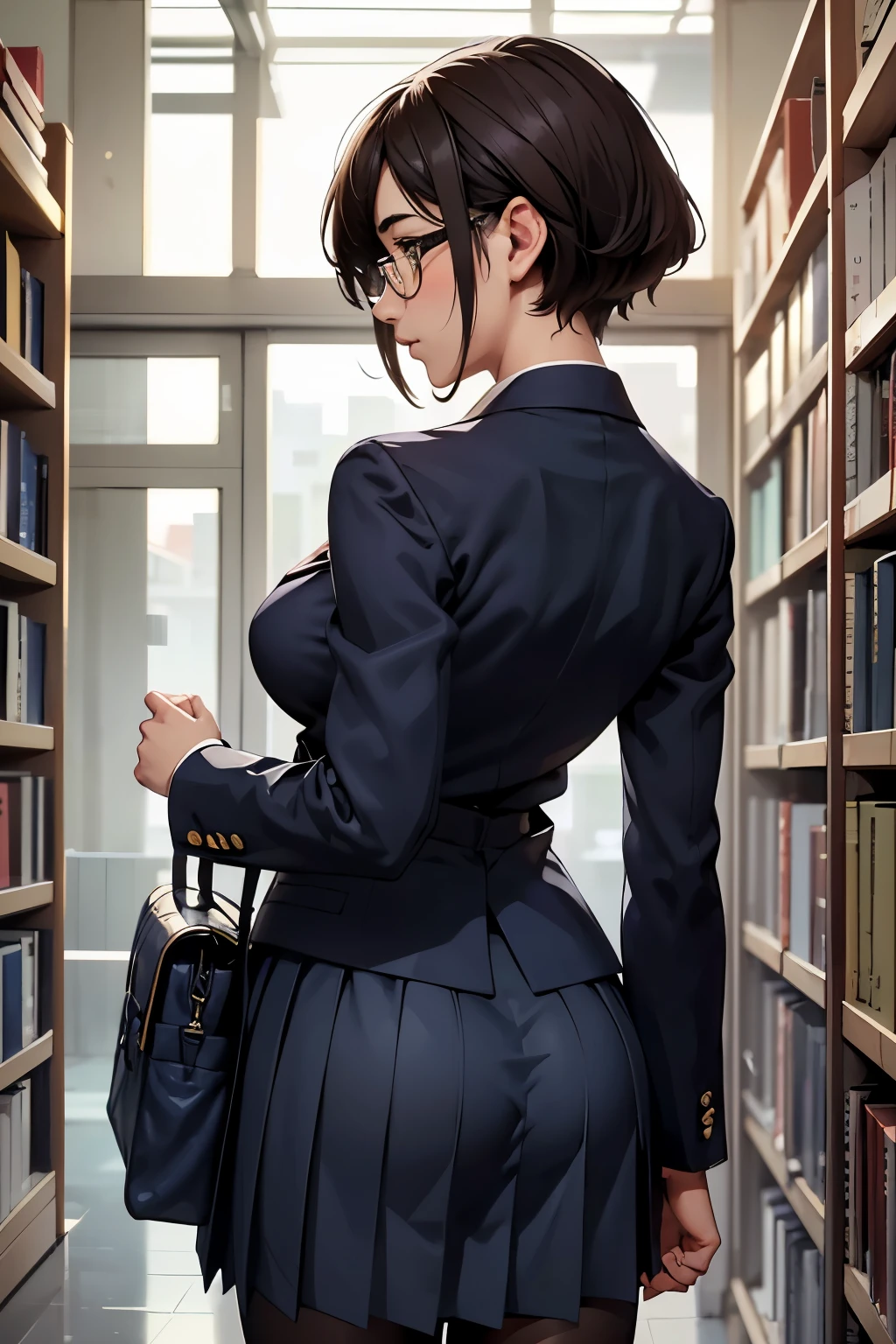 ((highest quality)), ((masterpiece)), (be familiar with),  Magazine section of a bookstoreにいる女子高生のBack view、(The gesture of stiff shoulders)、School bag、Navy blazer、Navy Skirt、(Long skirt)、navy blue socks、brown hair、short hair、Glasses、Large breasts、Big ass、((Back view:1.1))、covert photography、(Directly behind low angle)、navy blue socksのクローズアップ、mangaコマ割り、Manga style、manga、Magazine section of a bookstore