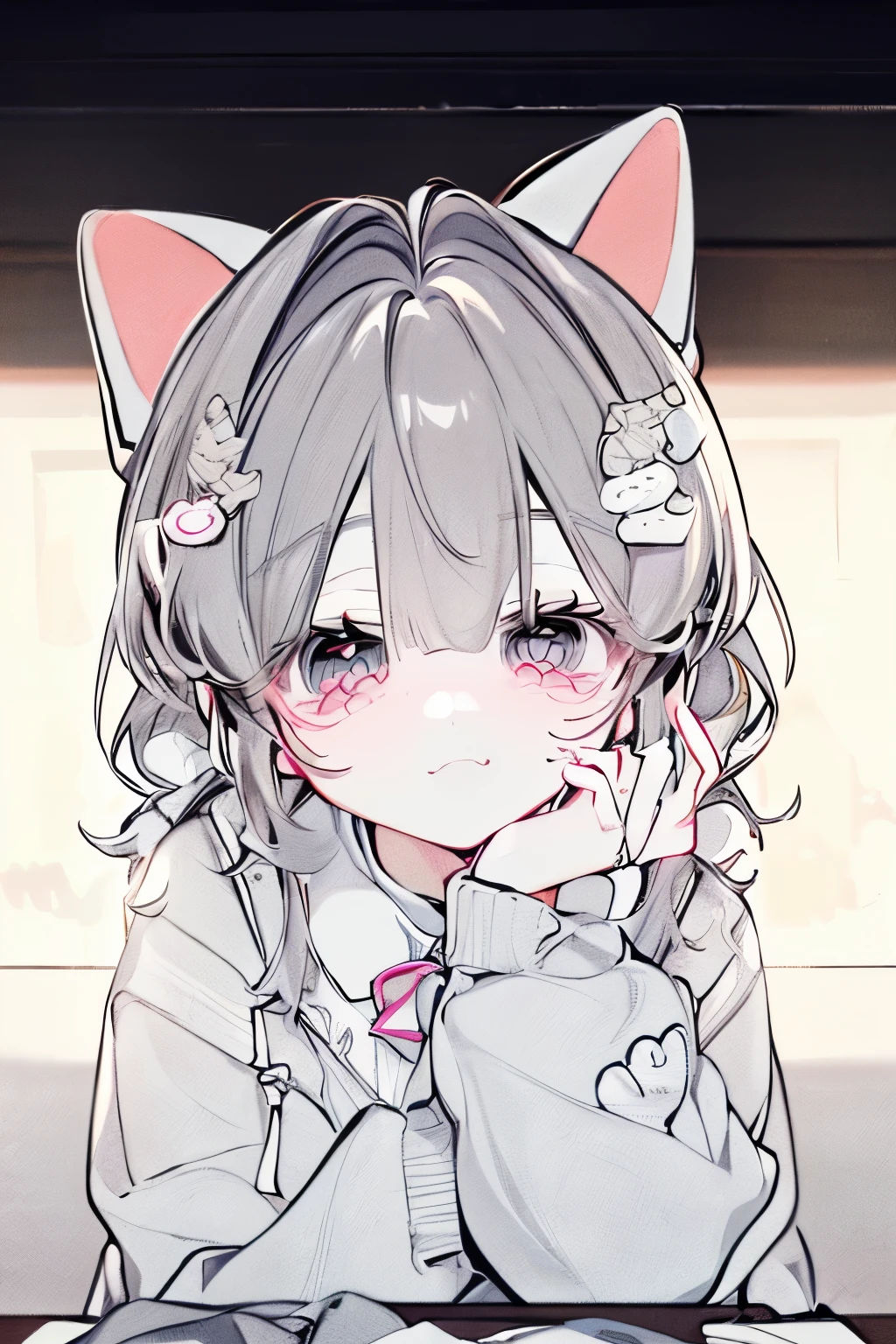 (best quality,4k,8k,highres,masterpiece:1.2),ultra-detailed,(realistic,photorealistic,photo-realistic:1.37),portrait,Kawaii,white hair,shy,introverted girl,pink cheeks,innocent eyes,adorable smile,cute kitten ears,wearing a cozy pink sweater and a bow tie,sitting sideways with her fingers crossed,white background.