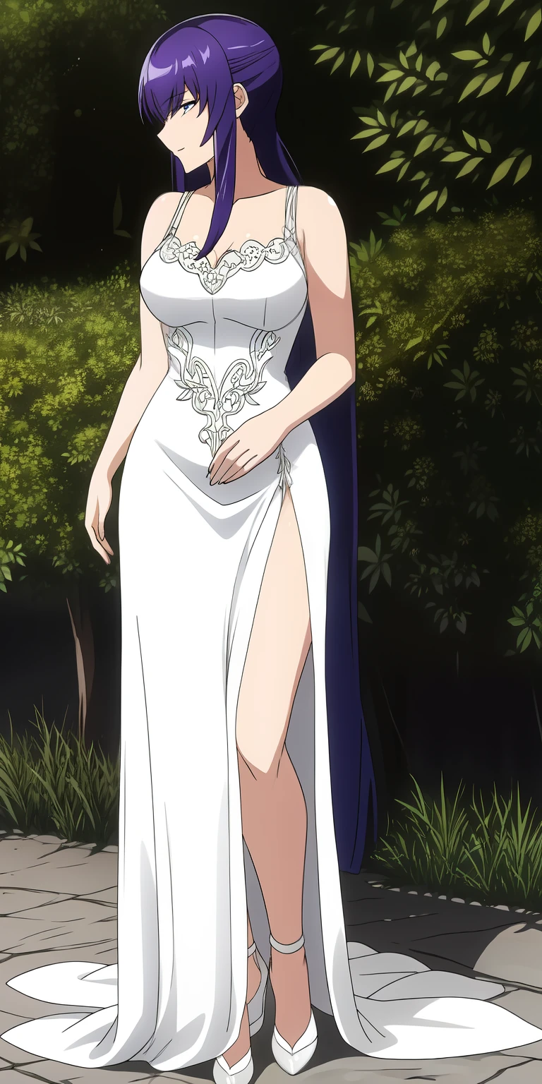 Saeko Busujima in a white vestido de novia standing outside, vestido intrincado, beautiful vestido de novia, Intrincado vestido detallado, dressed hermoso vestido, vestido intrincado, vestido extravagante, vestido real blanco, long luxurious vestido intrincado, fantasy long vestido intrincado, hermoso vestido, tul y encaje, vestido de novia, vestido real blanco, intricate fantasy dress, vestido blanco, long flowing vestido intrincado