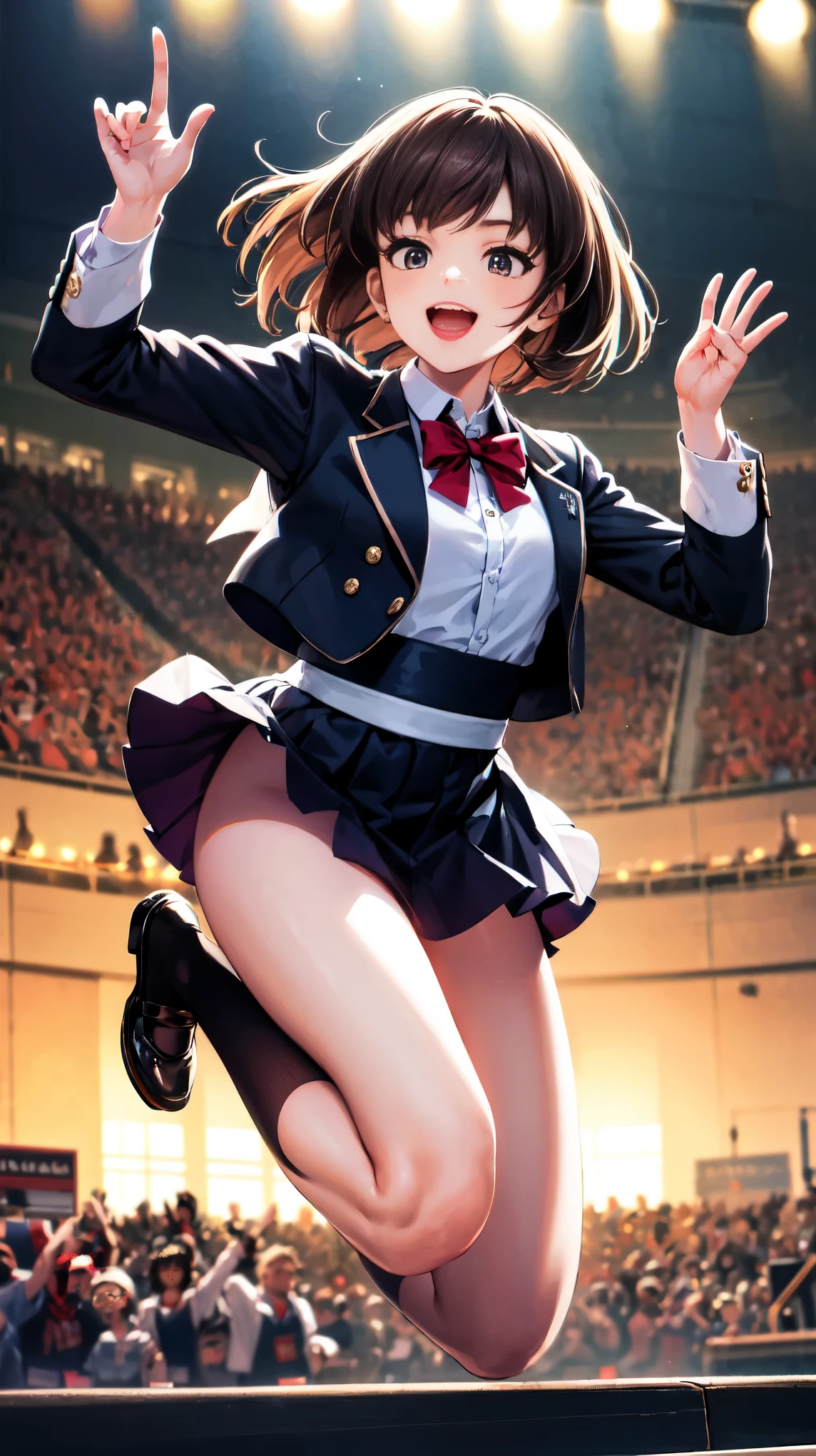 quality,masterpiece,Ultra-high resolution,(Actual:1.4),Original photo,Ultra-high resolution，8K，Wearing Nogizaka46 stage costumes，Fancy makeup with red eyeshadow，Big laughing smile，Short cut with delicate brown hair，A live costume of a high school girl&#39;s uniform mini skirt，Live costume: high school girl uniform jacket，She is jumping with her skirt rising up，Two girl idols，Concert Venues